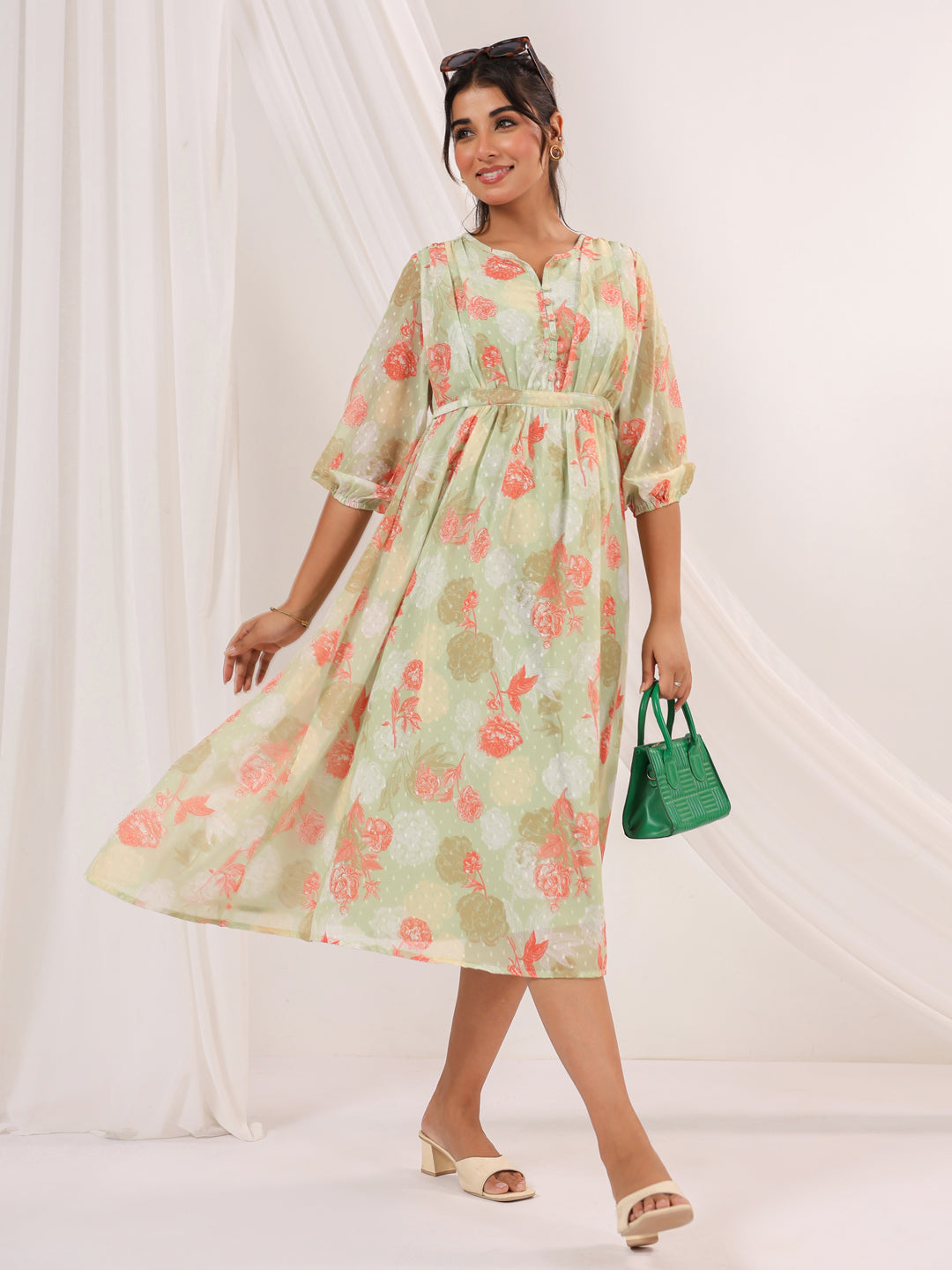 Janasya Women's Light Green Georgette Floral Printed A-line Dress