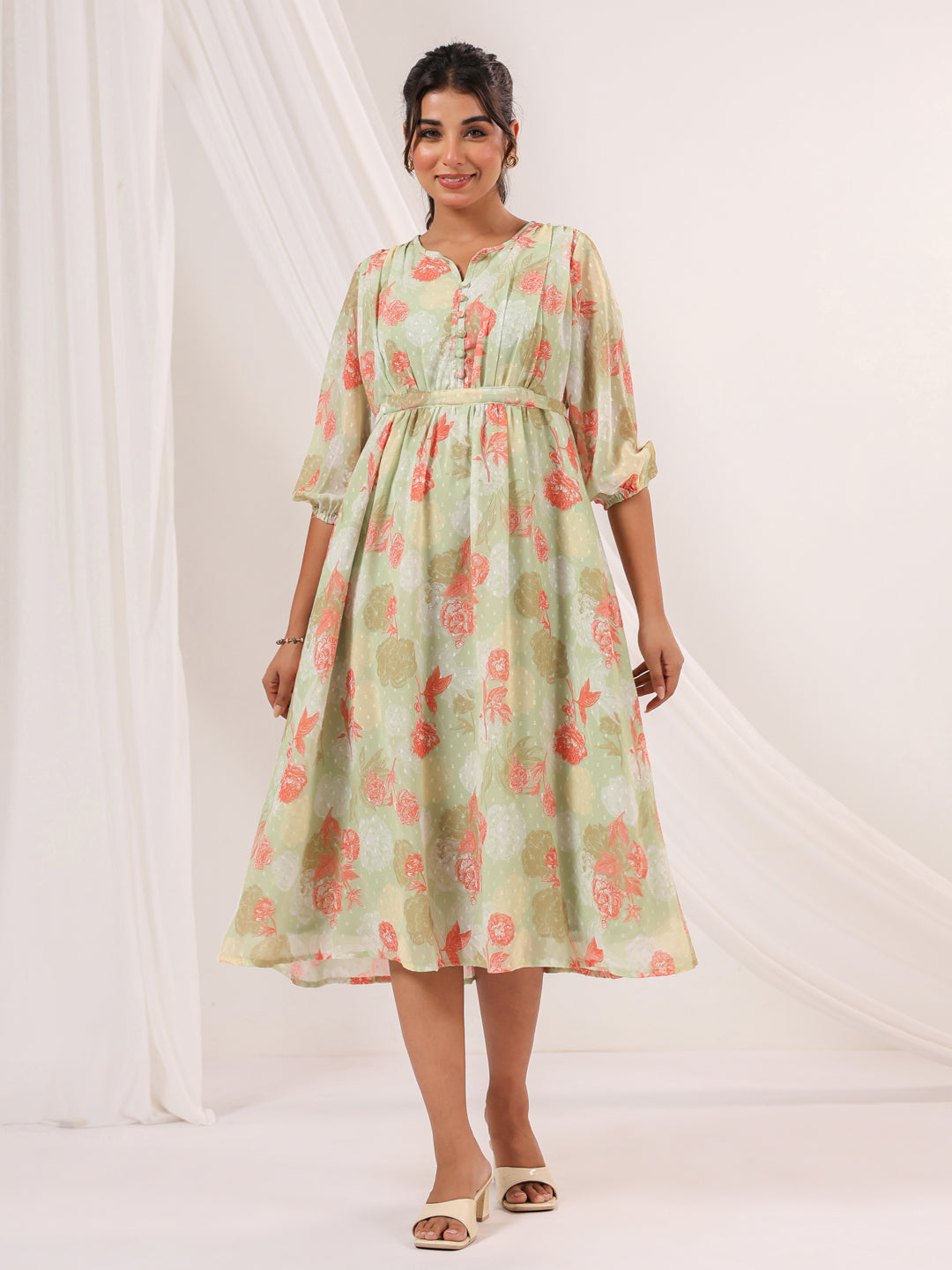 Janasya Women's Light Green Georgette Floral Printed A-line Dress