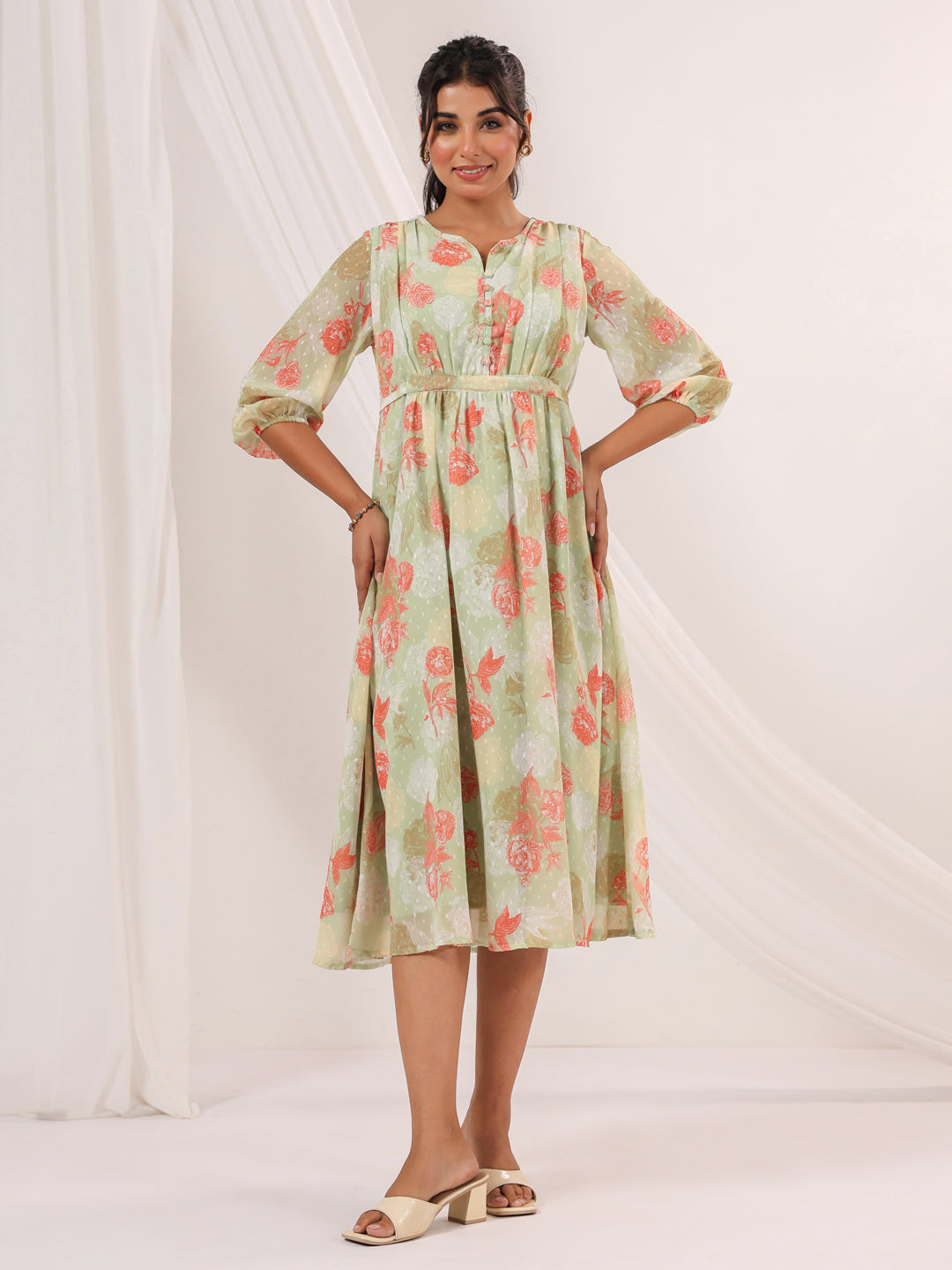 Janasya Women's Light Green Georgette Floral Printed A-line Dress