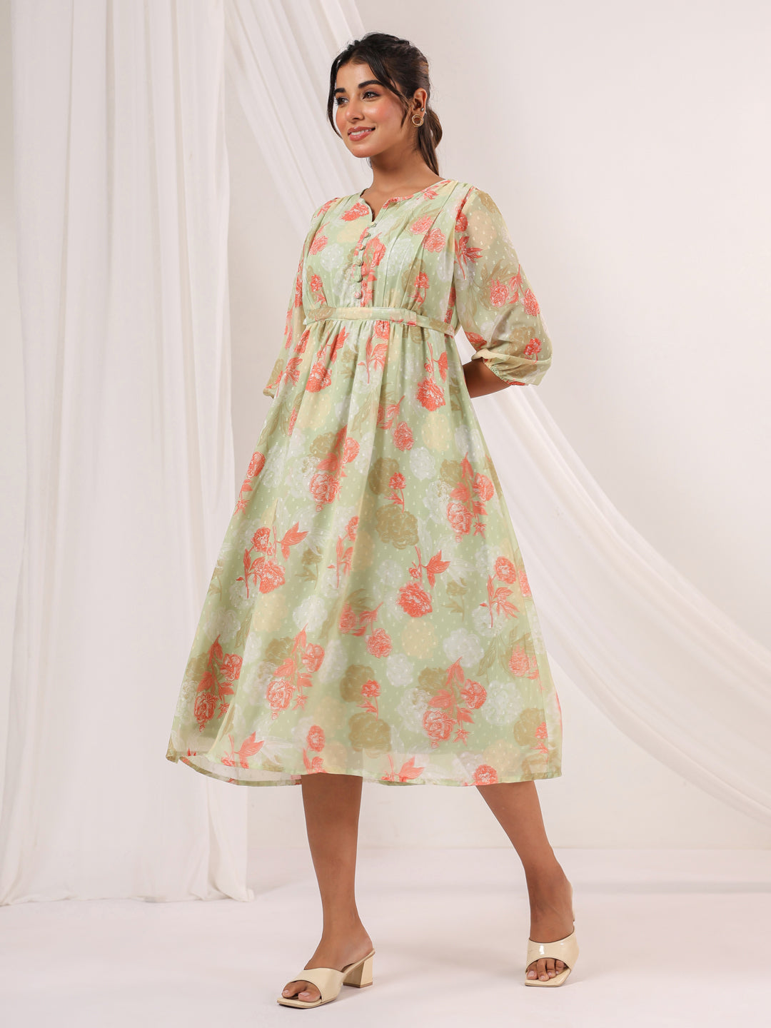 Janasya Women's Light Green Georgette Floral Printed A-line Dress