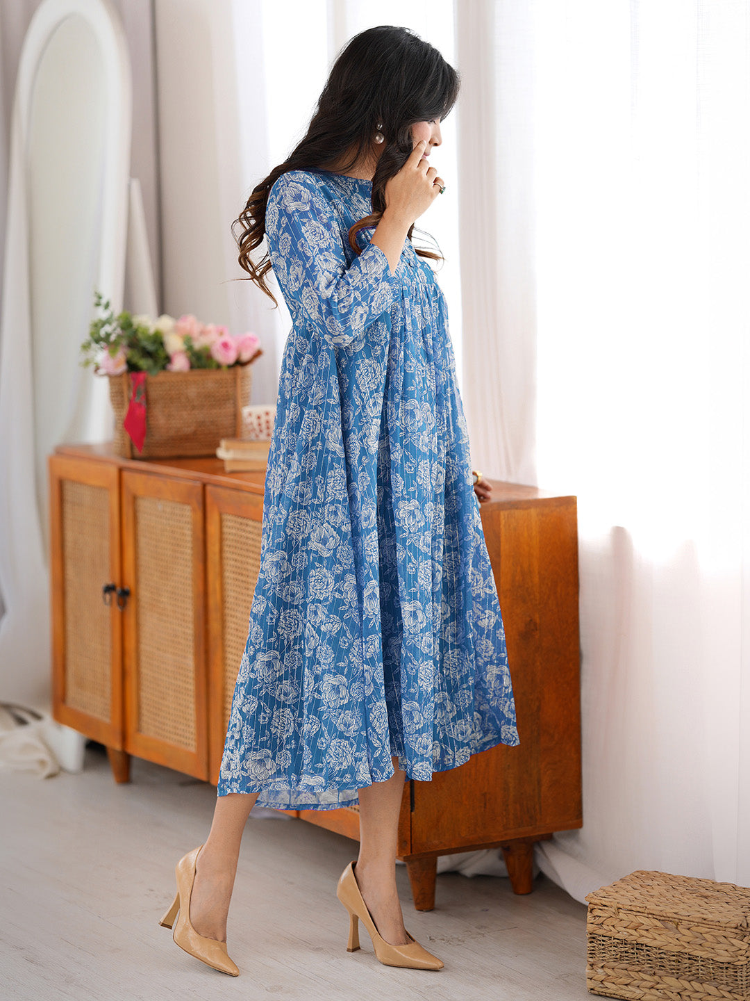 Janasya Women's Blue Chiffon Lurex Floral Printed A-line Kurta