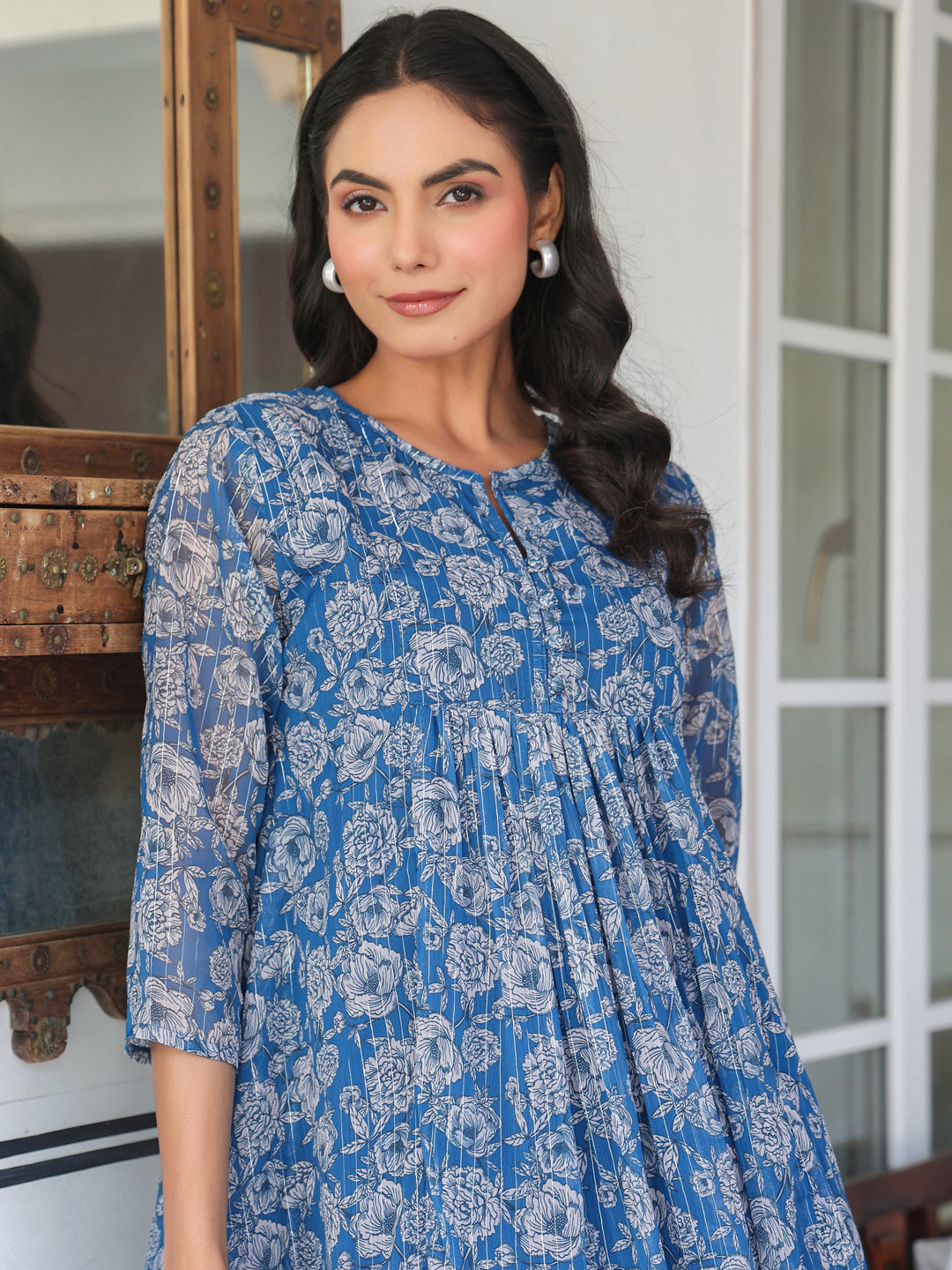 Janasya Women's Blue Chiffon Lurex Floral Printed A-line Kurta