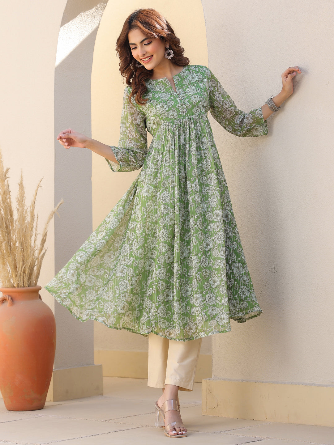 Janasya Women's Green Chiffon Lurex Floral Printed A-line Kurta