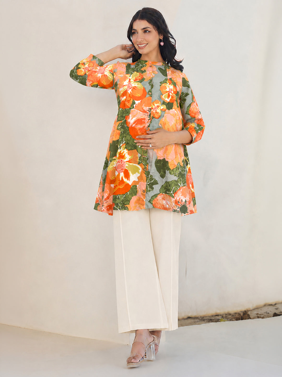 Janasya Women's Maternity Multicolor Pure Cotton Floral Printed A-Line Tunic