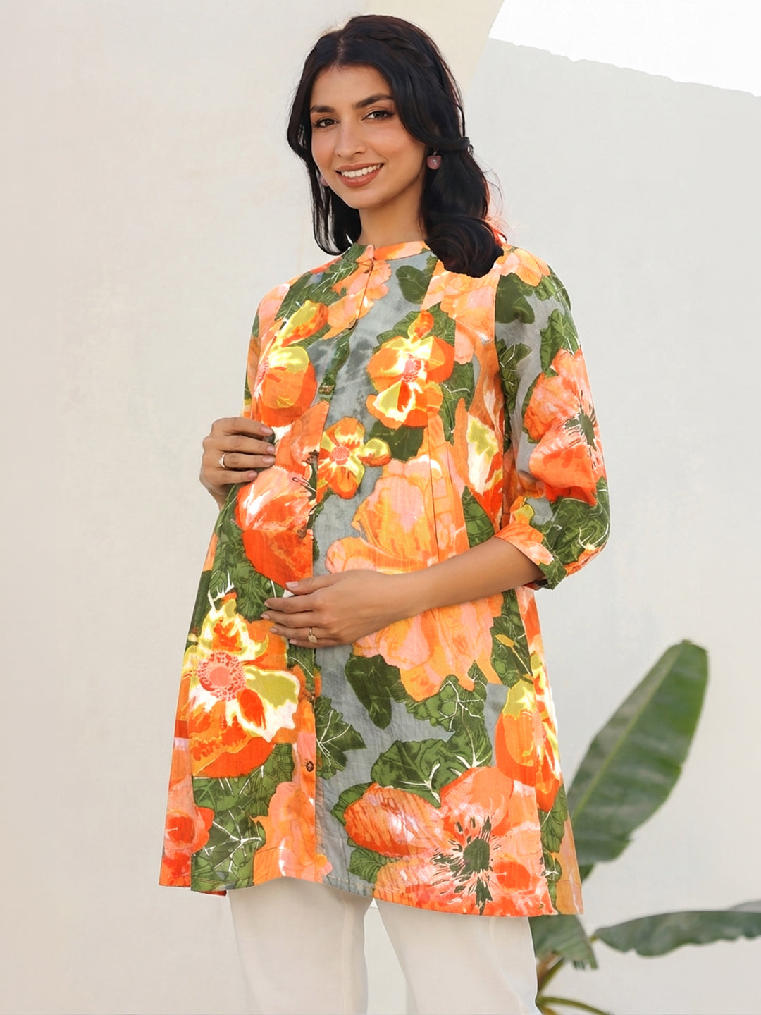Janasya Women's Maternity Multicolor Pure Cotton Floral Printed A-Line Tunic