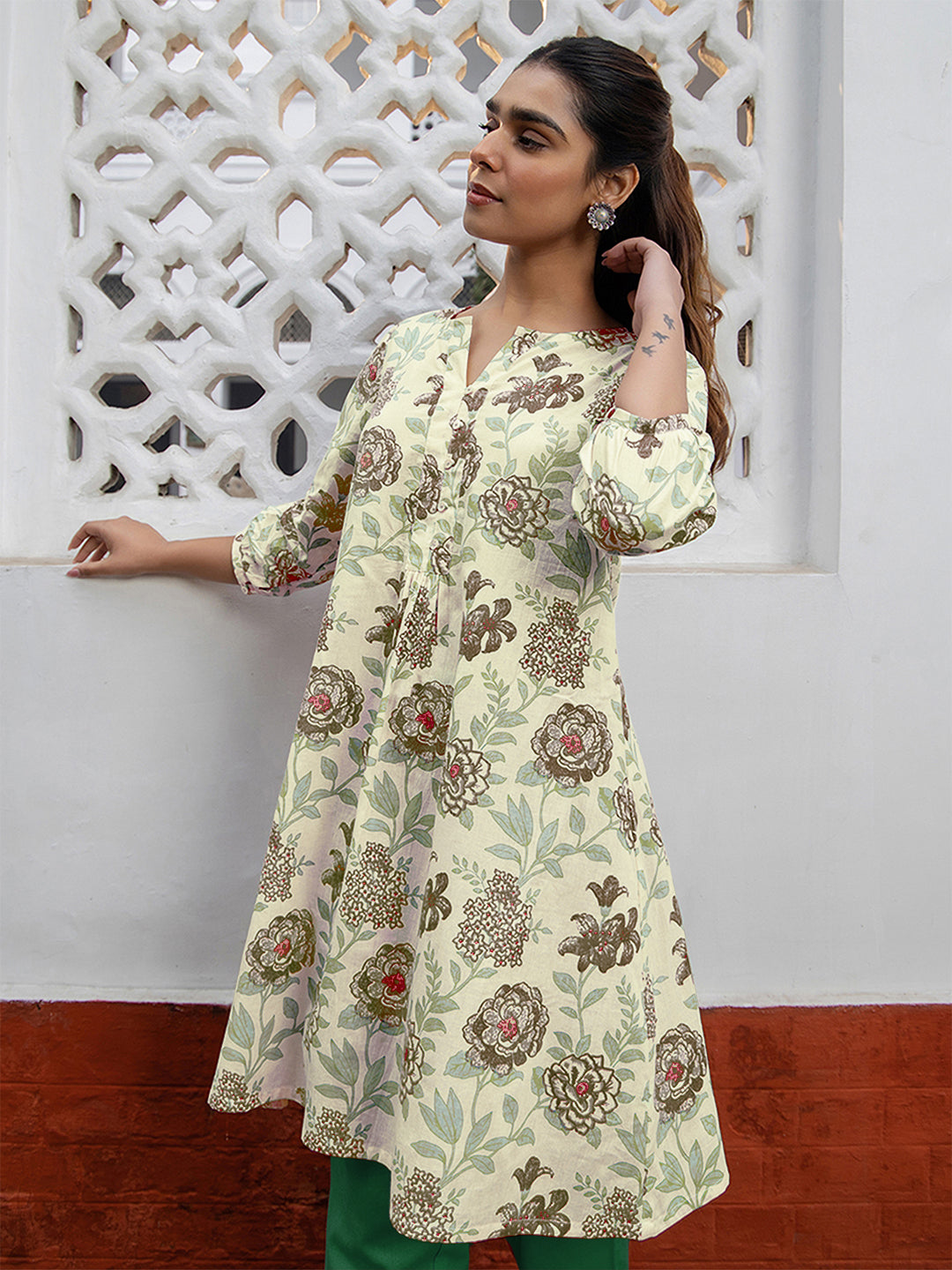 Off White Pure Cotton Floral Printed A-line Tunic