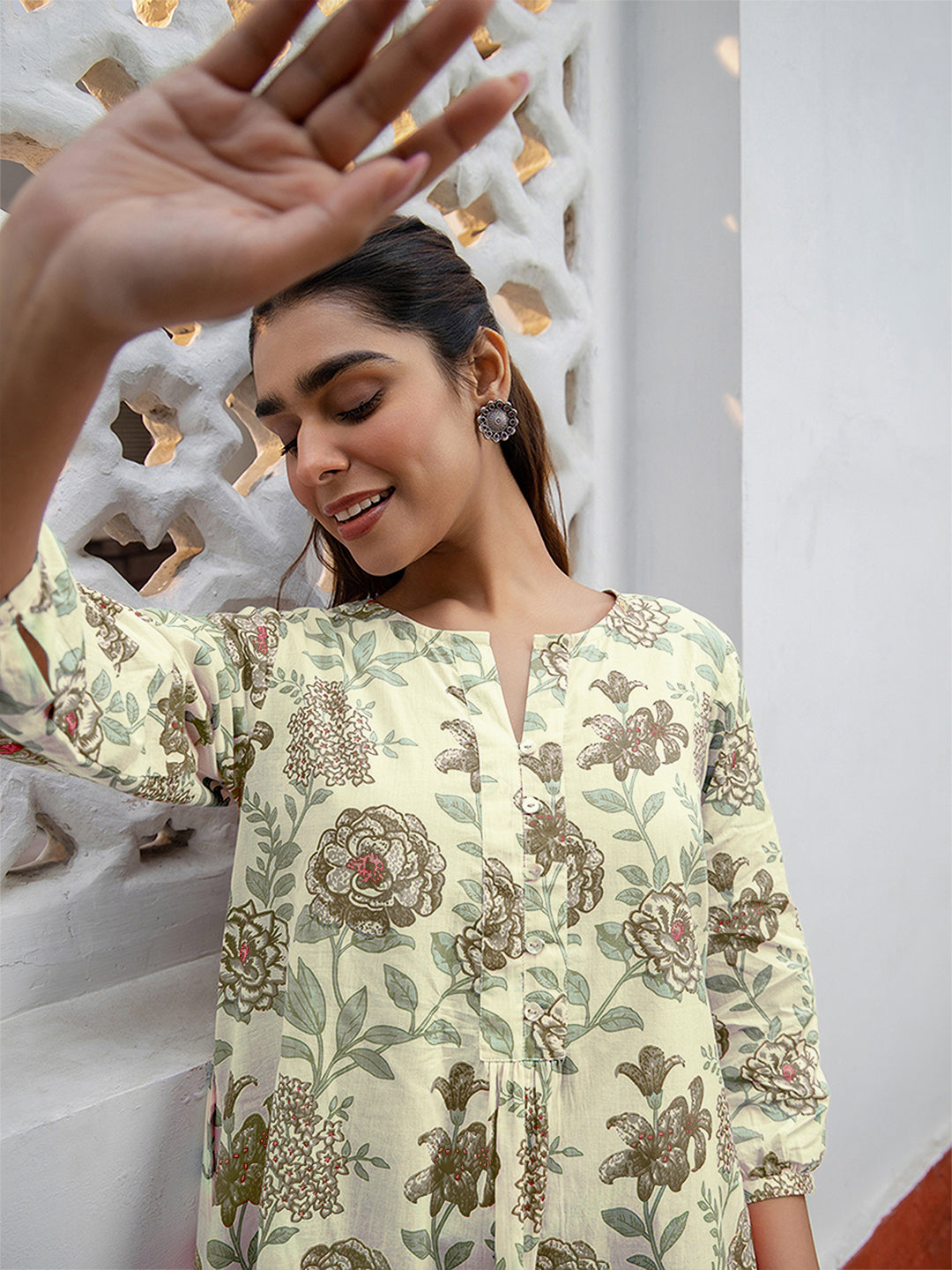 Off White Pure Cotton Floral Printed A-line Tunic
