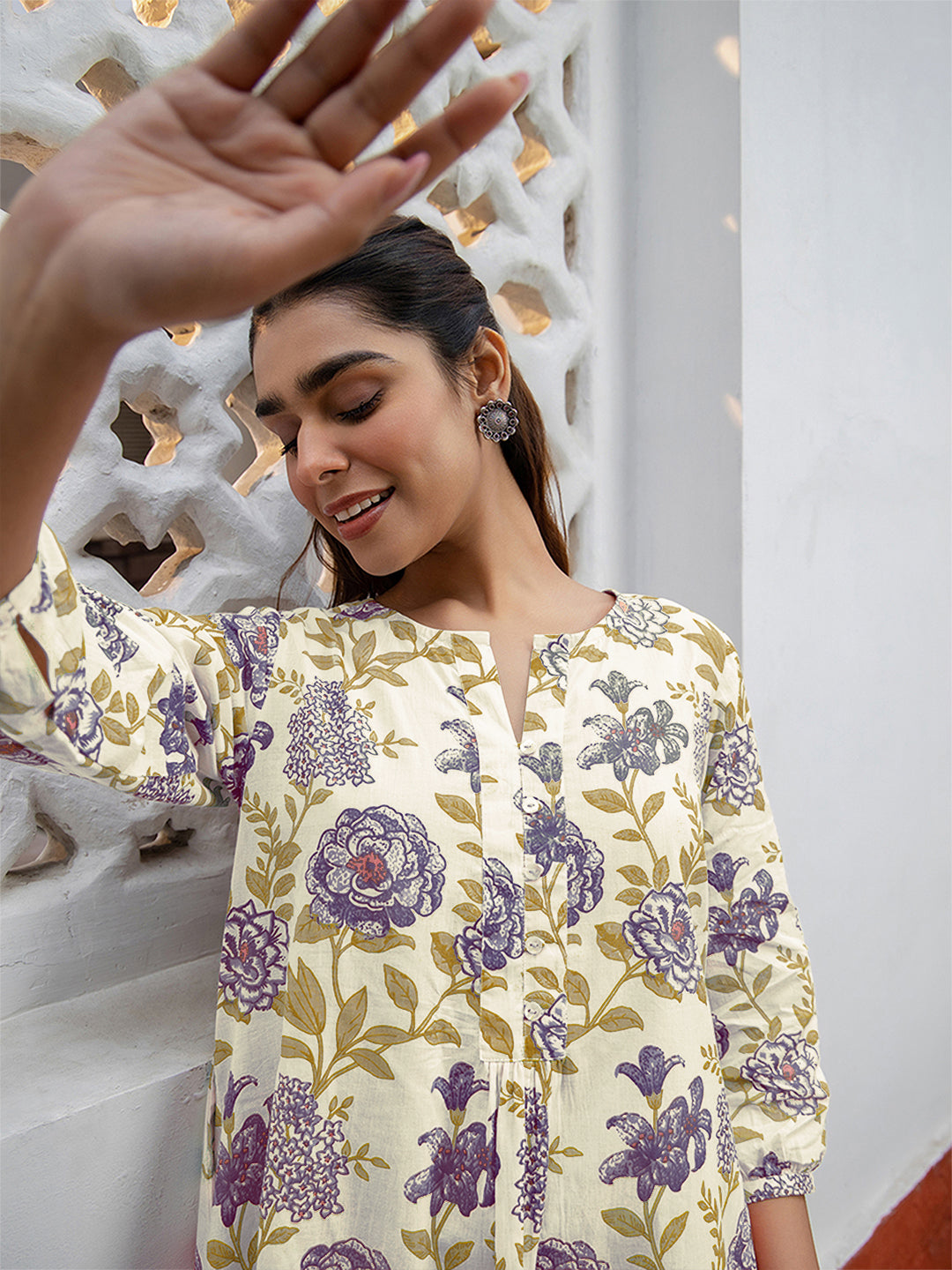 Off White Pure Cotton Floral Printed A-line Tunic
