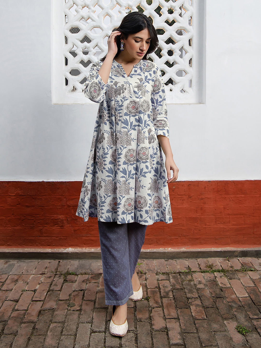 Cream Pure Cotton Floral Printed A-Line Tunic main image 1