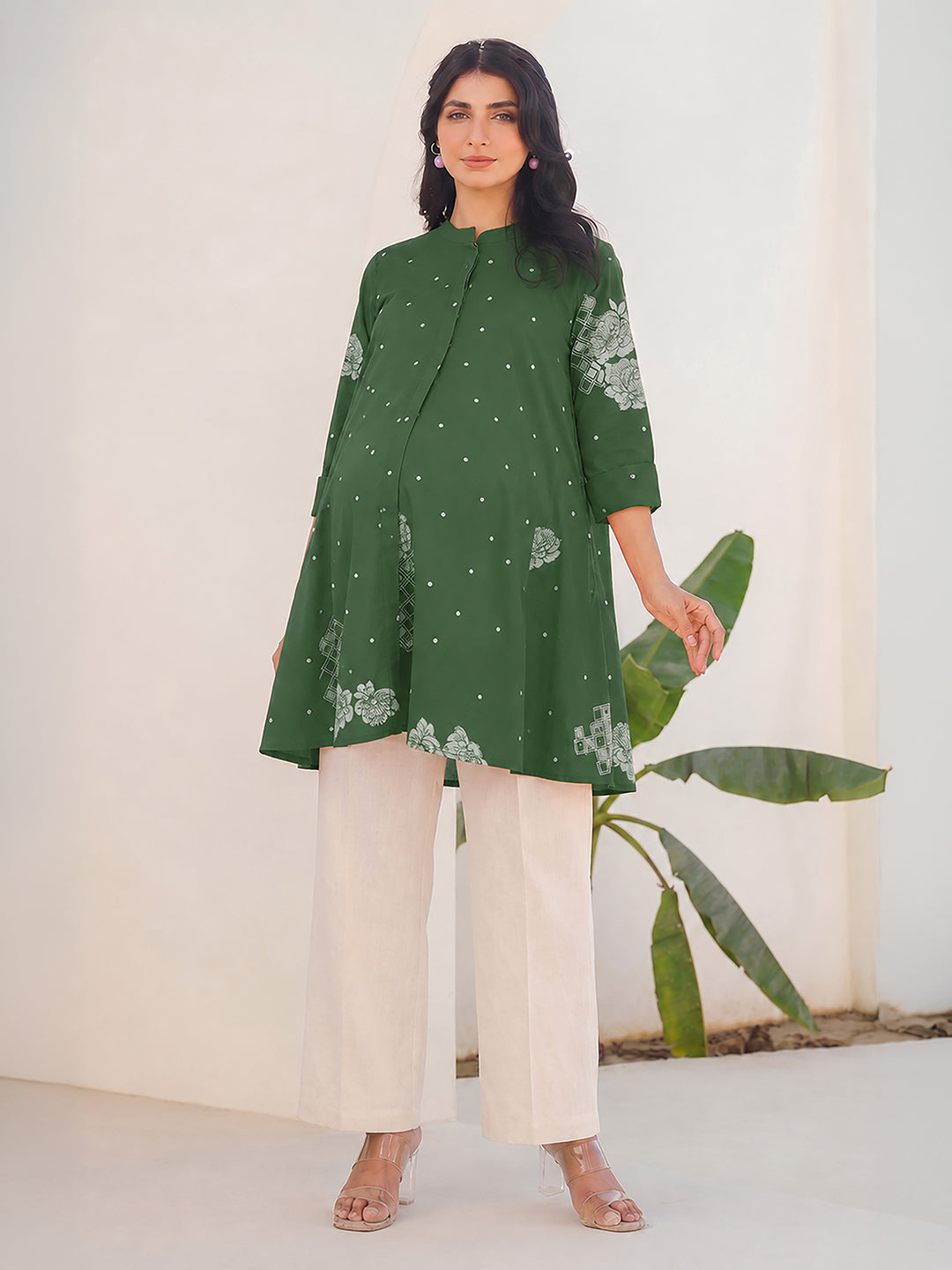 Janasya Women's Maternity Green Pure Cotton Floral Printed A-Line Tunic