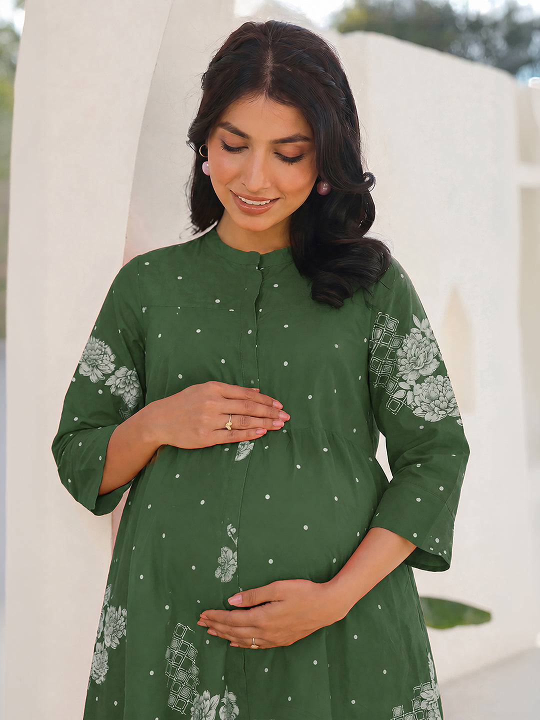 Janasya Women's Maternity Green Pure Cotton Floral Printed A-Line Tunic