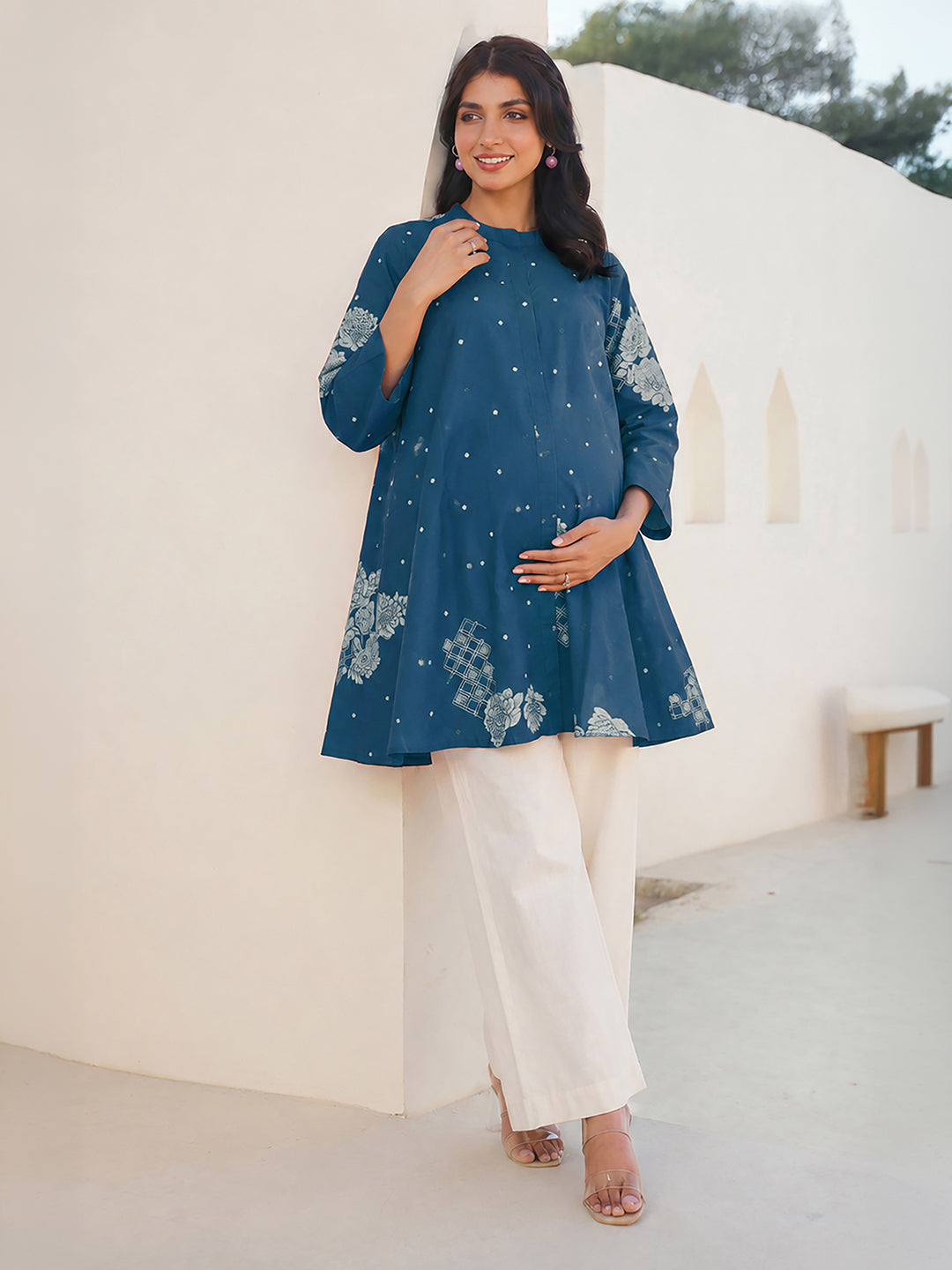 Janasya Women's Maternity Teal Blue Pure Cotton Floral Printed A-Line Tunic