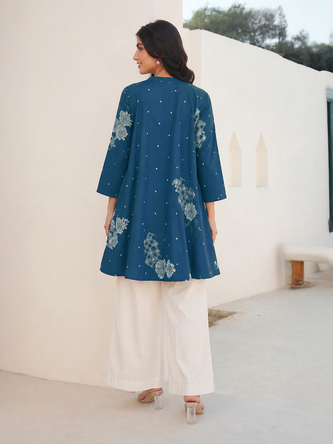 Janasya Women's Maternity Teal Blue Pure Cotton Floral Printed A-Line Tunic