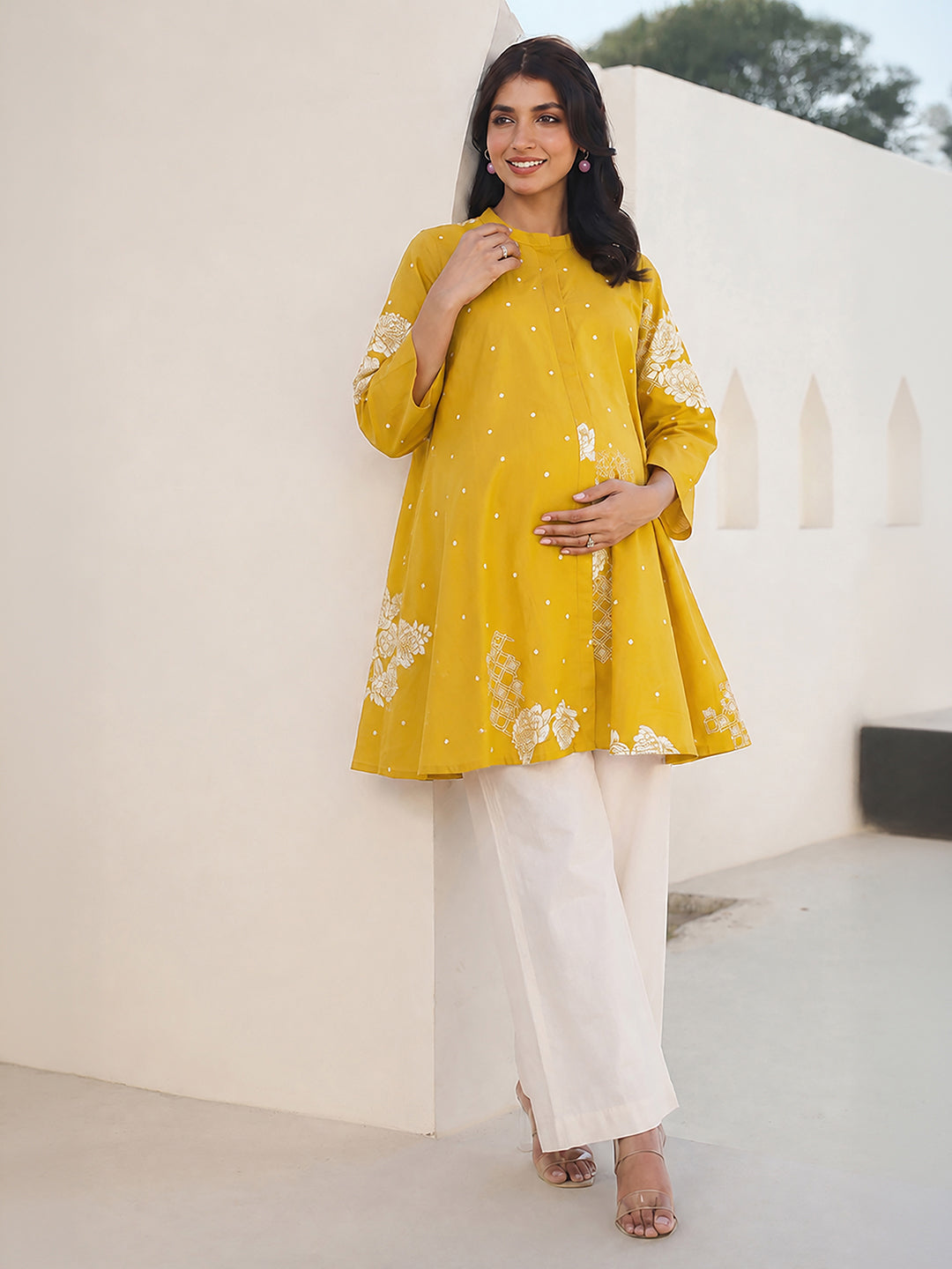 Janasya Women's Maternity Mustard Pure Cotton Floral Printed A-Line Tunic