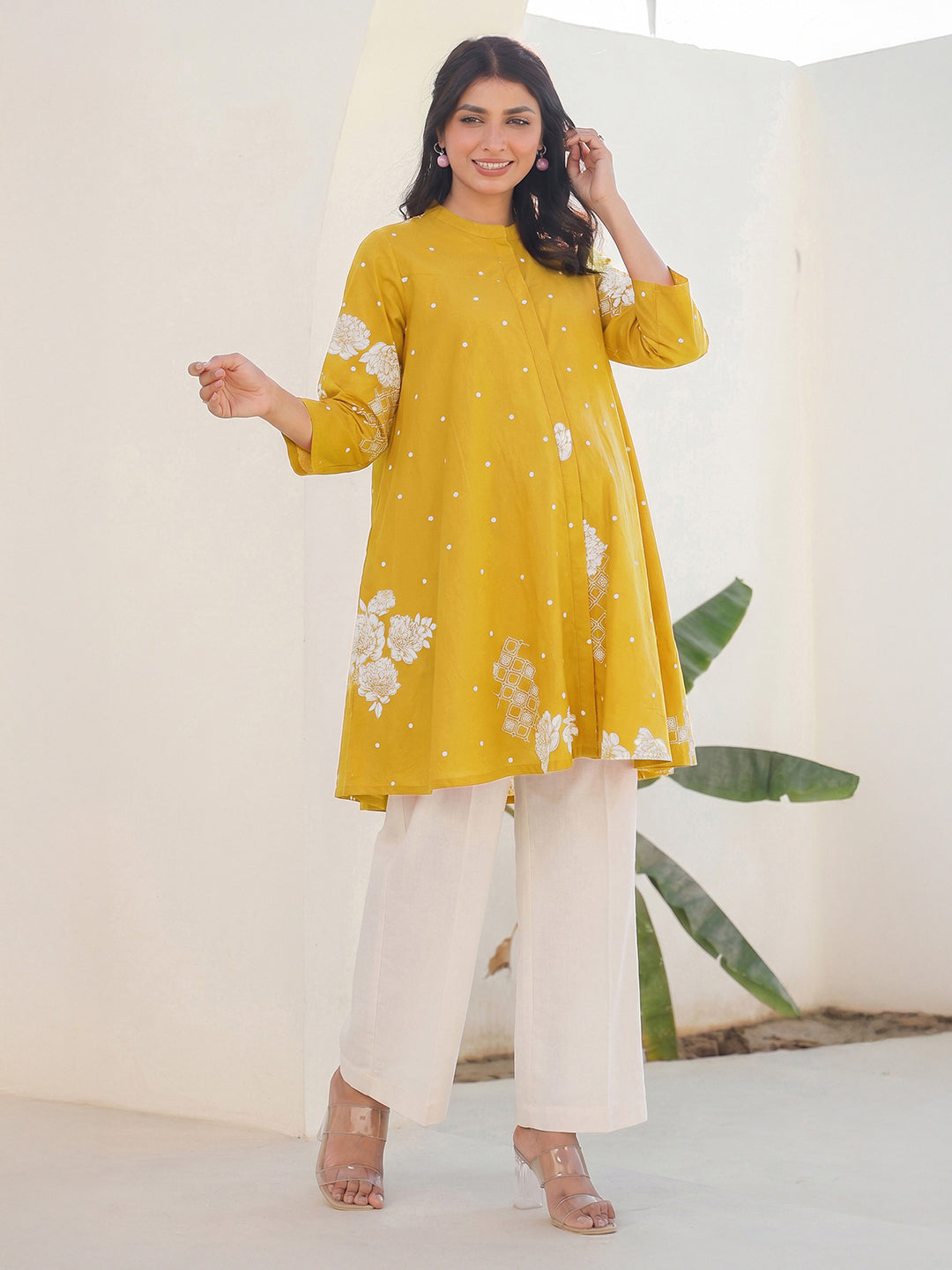 Janasya Women's Maternity Mustard Pure Cotton Floral Printed A-Line Tunic