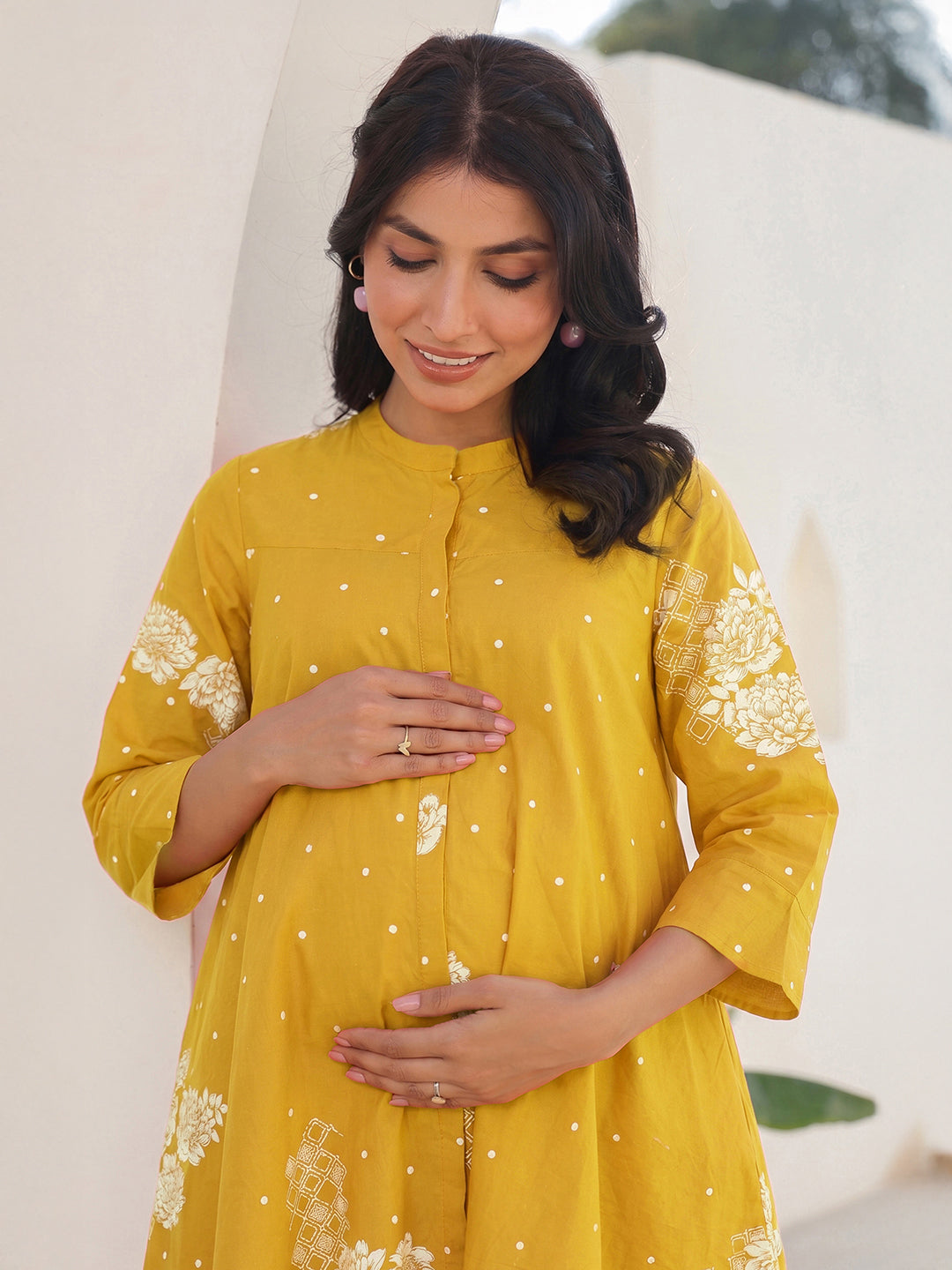 Janasya Women's Maternity Mustard Pure Cotton Floral Printed A-Line Tunic
