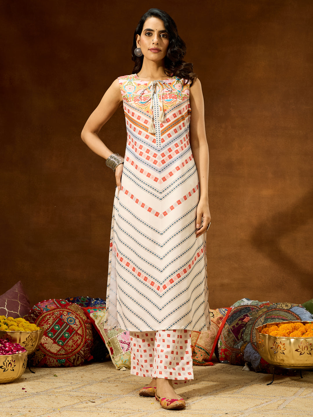 Janasya Women's Cream Cotton Blend Floral Printed Straight Co-ord Set