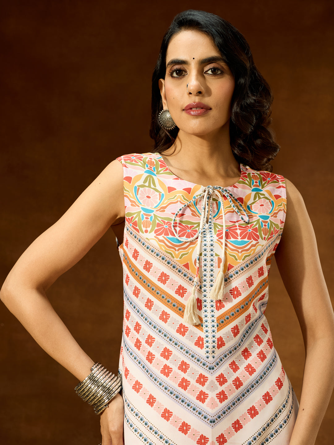 Janasya Women's Cream Cotton Blend Floral Printed Straight Co-ord Set