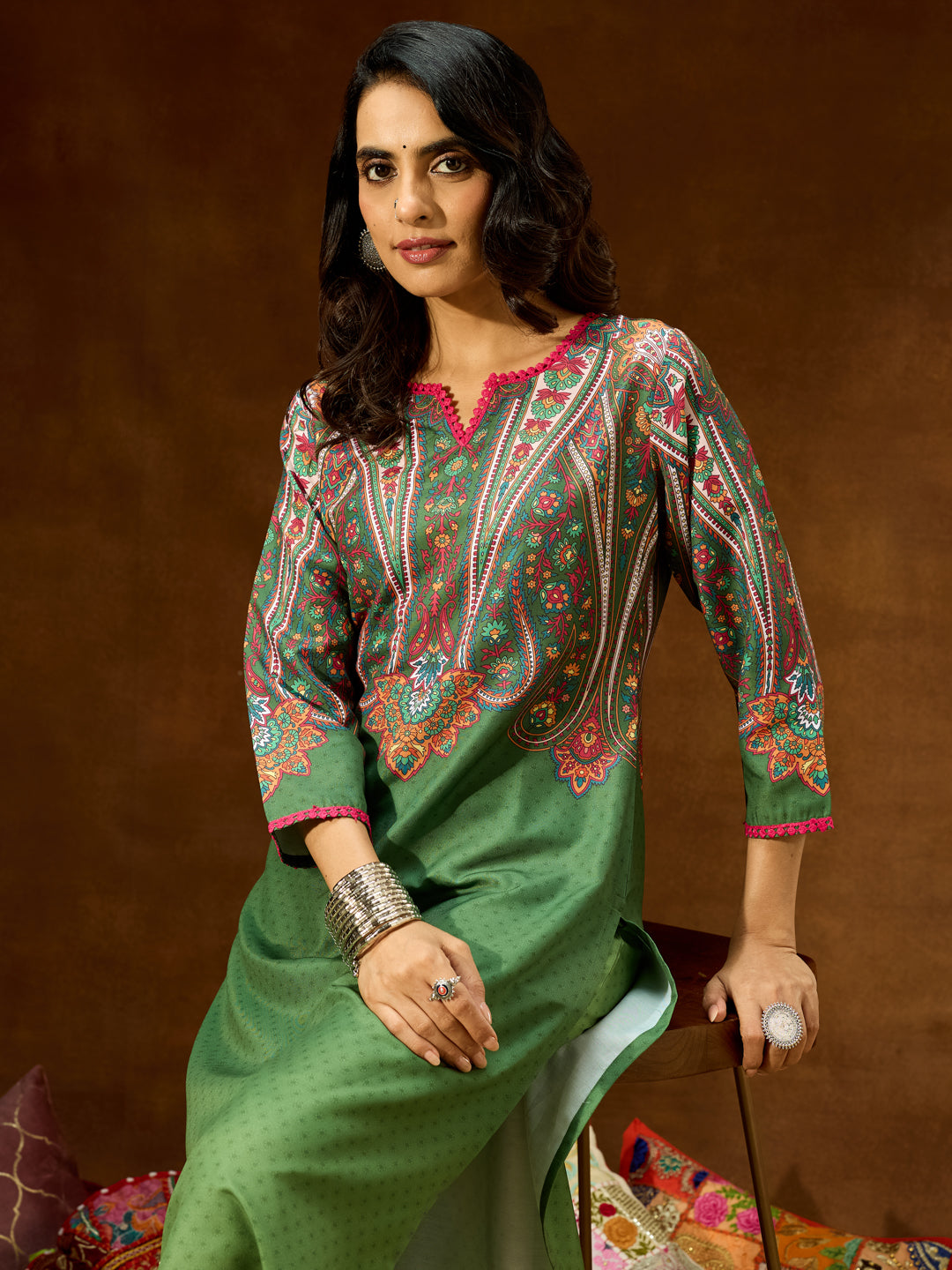 Janasya Women's Green Cotton Blend Printed Straight Co-ord Set