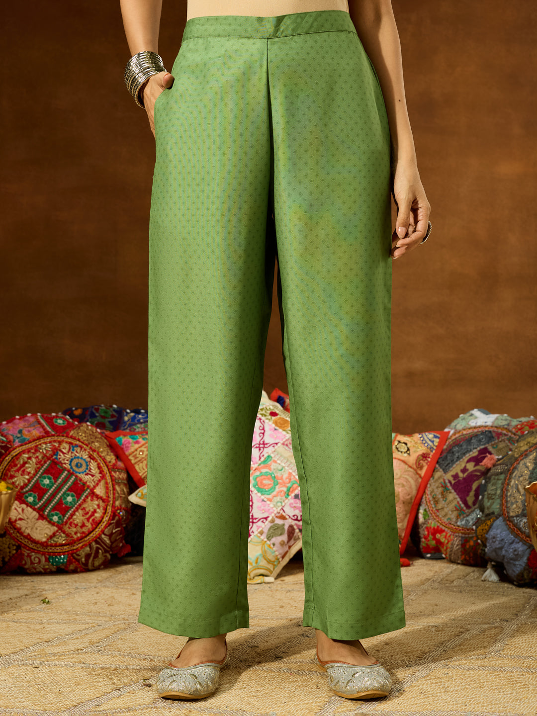 Janasya Women's Green Cotton Blend Printed Straight Co-ord Set