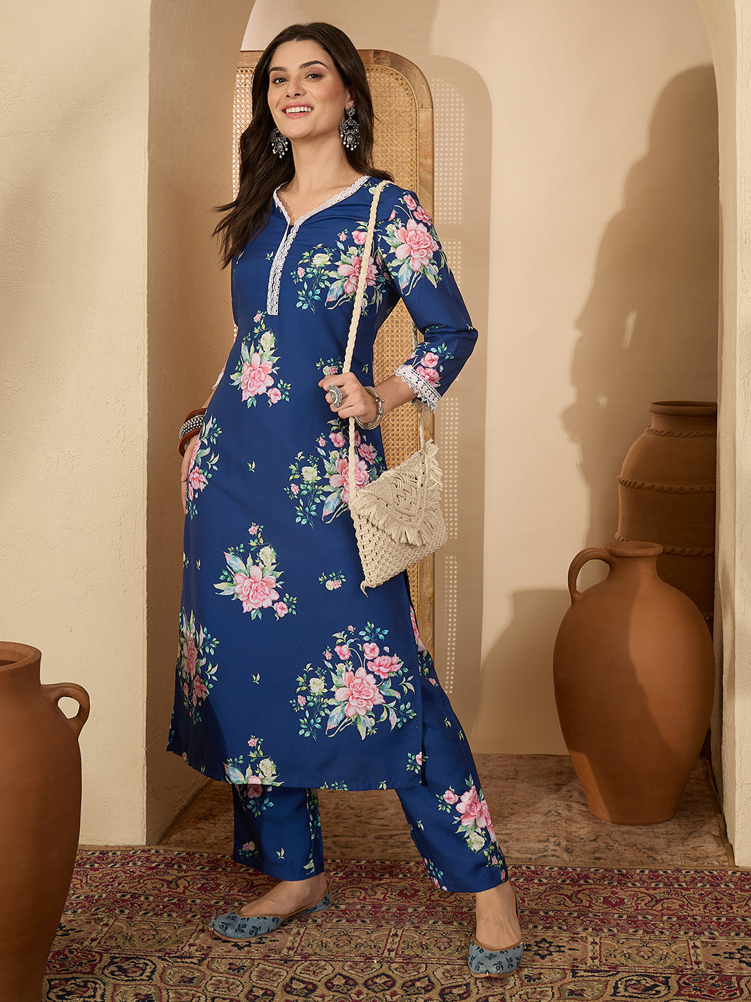 Janasya Women's Blue Rayon Blend Floral Printed Straight Co-ord Set