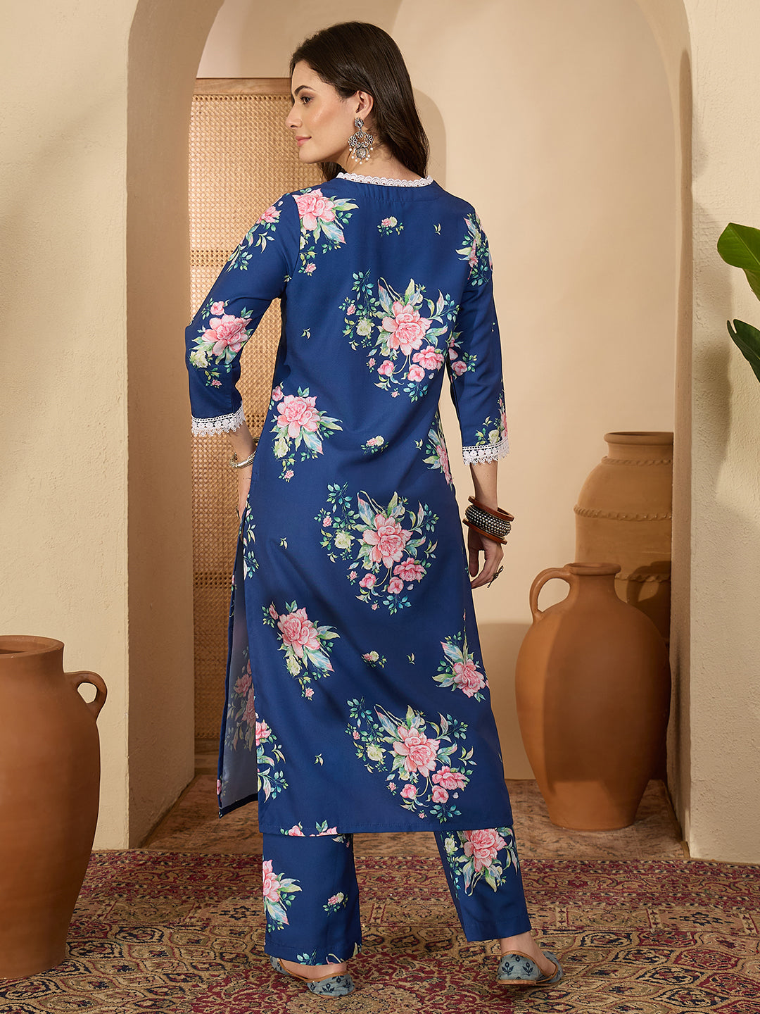 Janasya Women's Blue Rayon Blend Floral Printed Straight Co-ord Set