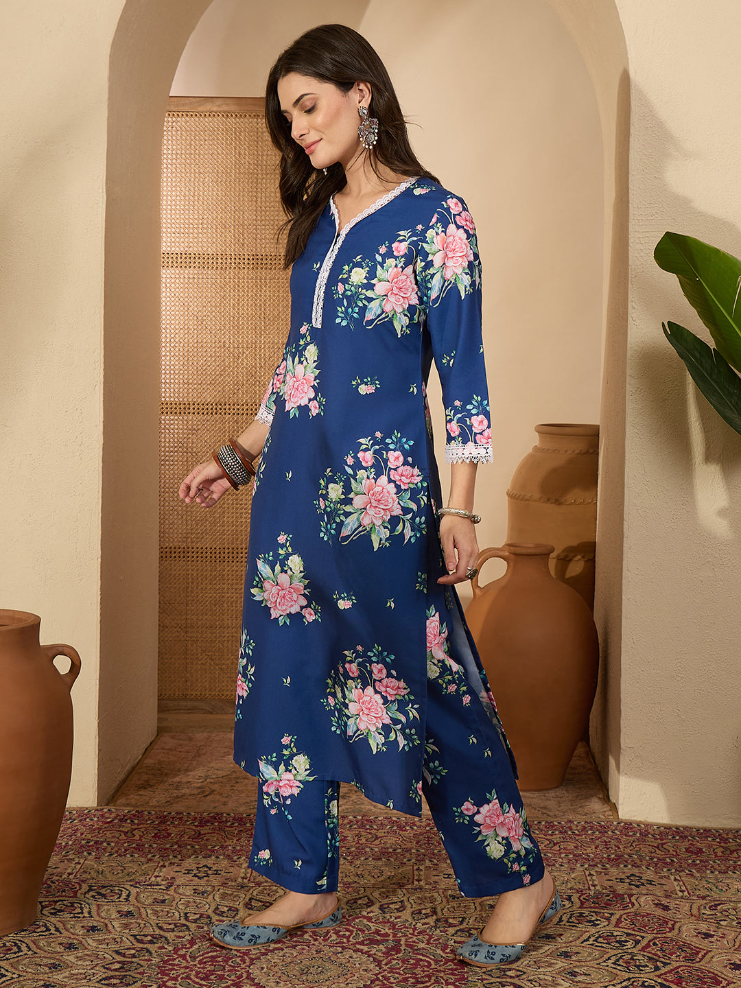 Janasya Women's Blue Rayon Blend Floral Printed Straight Co-ord Set