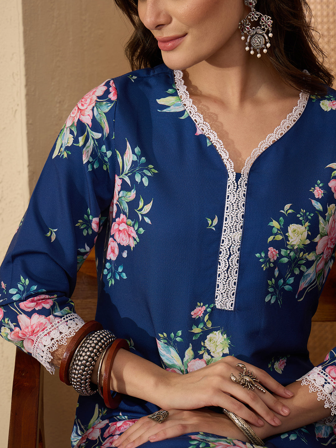 Janasya Women's Blue Rayon Blend Floral Printed Straight Co-ord Set