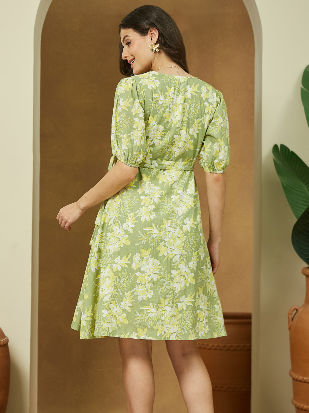 Janasya Women's Light Green Pure Cotton Floral Printed A-line Dress