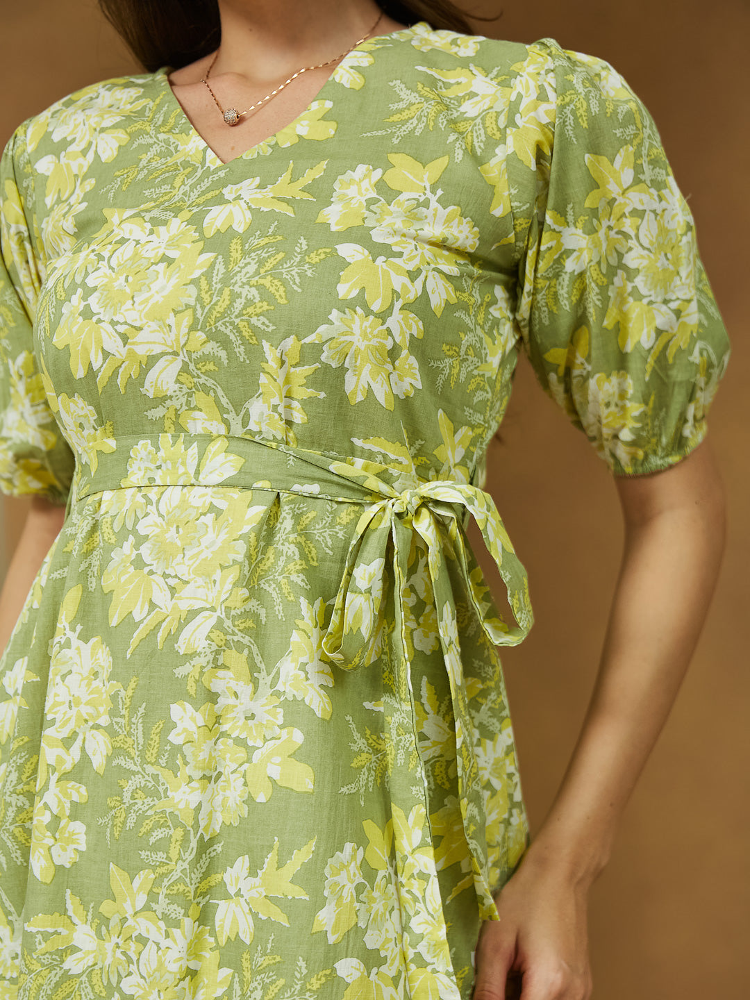 Janasya Women's Light Green Pure Cotton Floral Printed A-line Dress