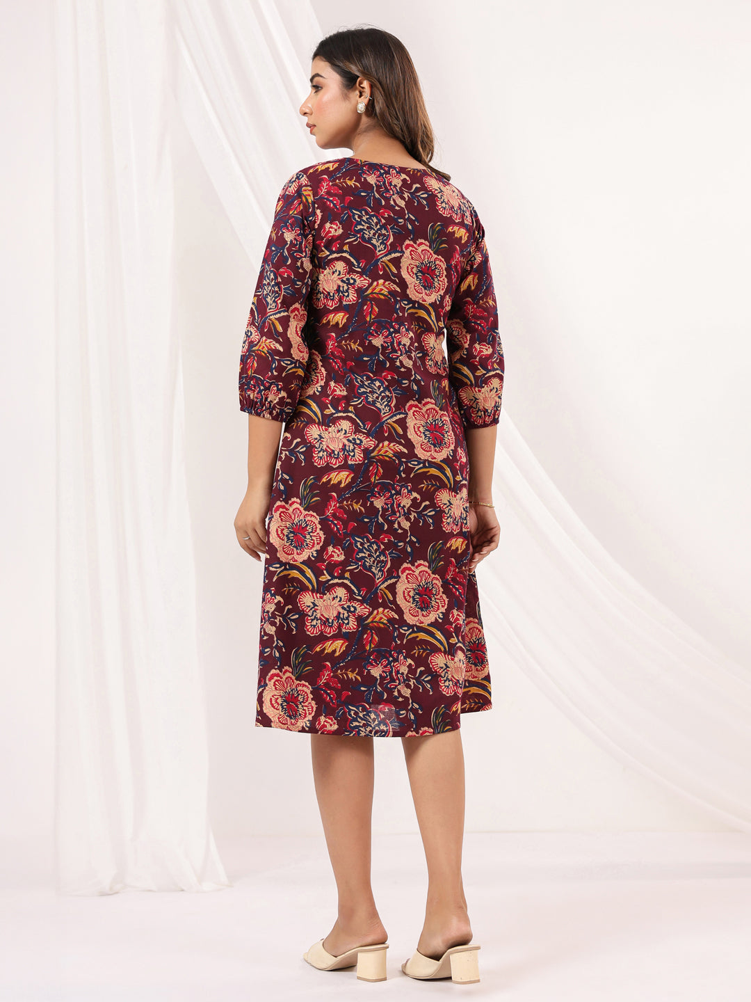 Janasya Women's Wine Pure Cotton Floral Peinted A-line Dress