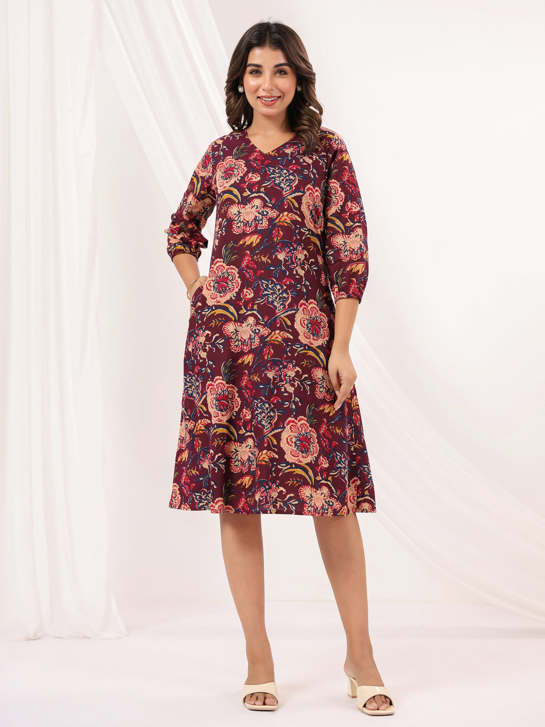 Janasya Women's Wine Pure Cotton Floral Peinted A-line Dress