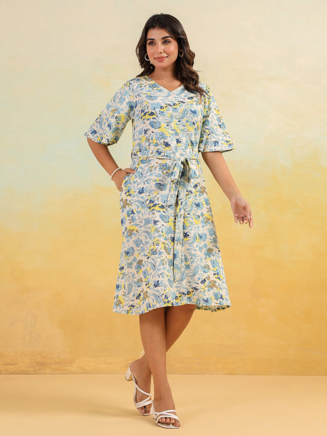 Janasya Women's Off White Linen Cotton Floral Printed A-line Dress