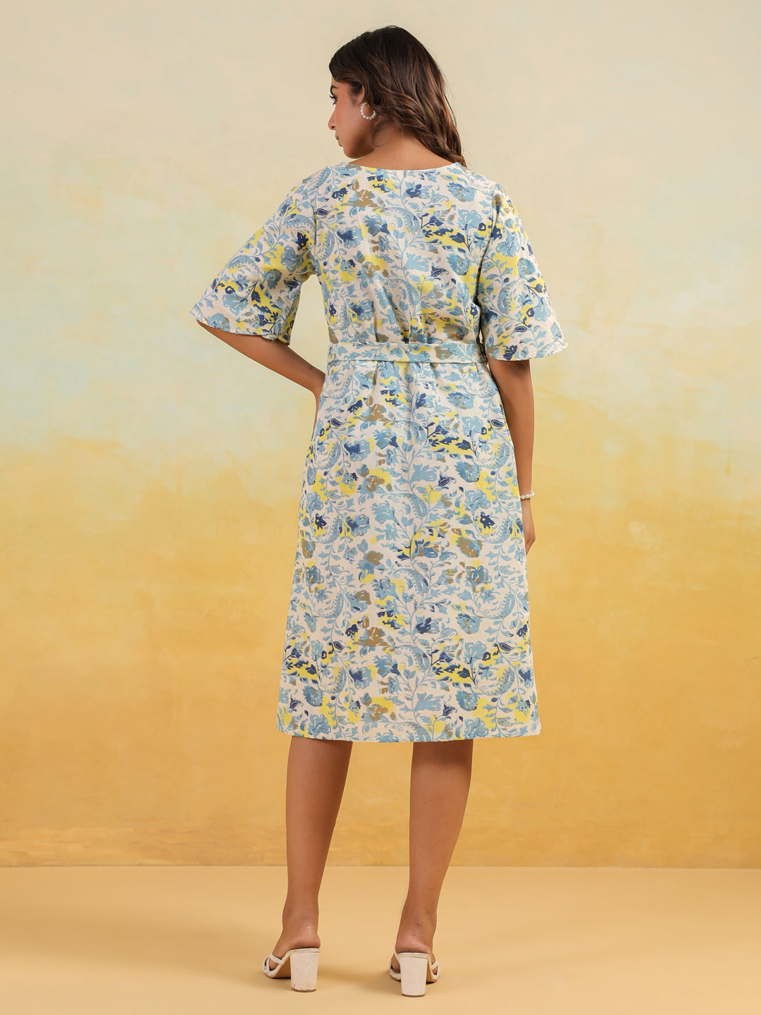 Janasya Women's Off White Linen Cotton Floral Printed A-line Dress