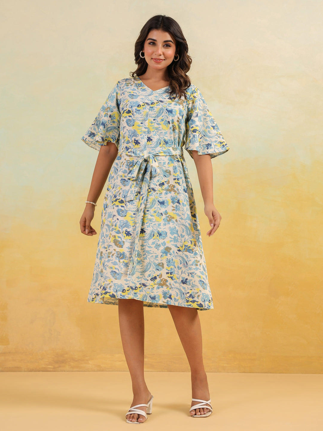 Janasya Women's Off White Linen Cotton Floral Printed A-line Dress