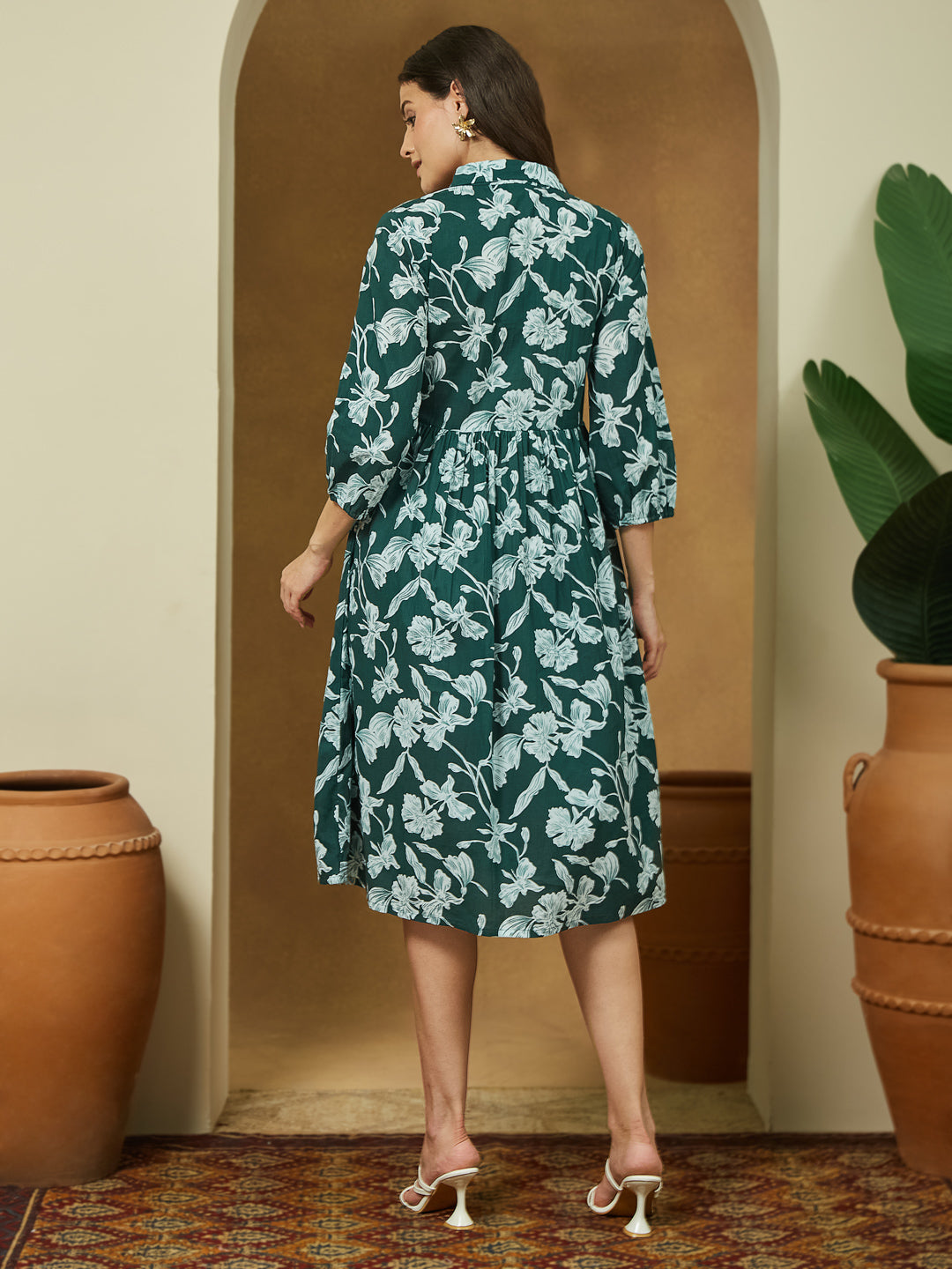 Janasya Women's Green Pure Cotton Floral Printed Fit & Flare Dress