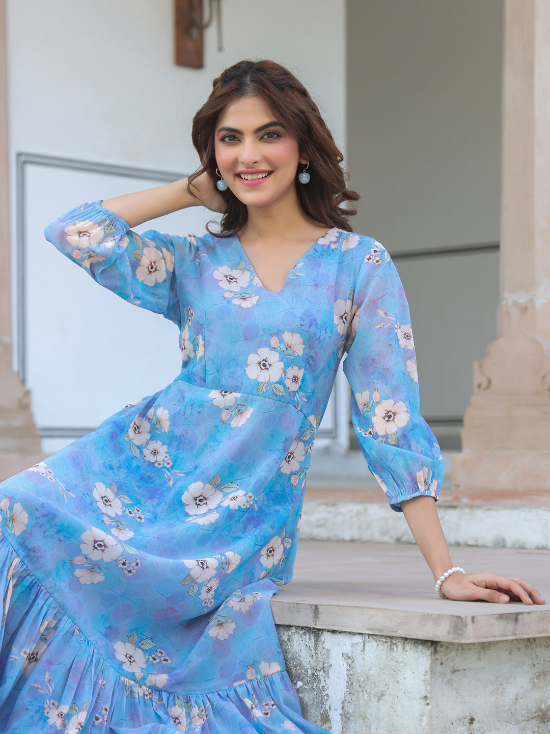 Blue Georgette Floral Printed A-line Dress