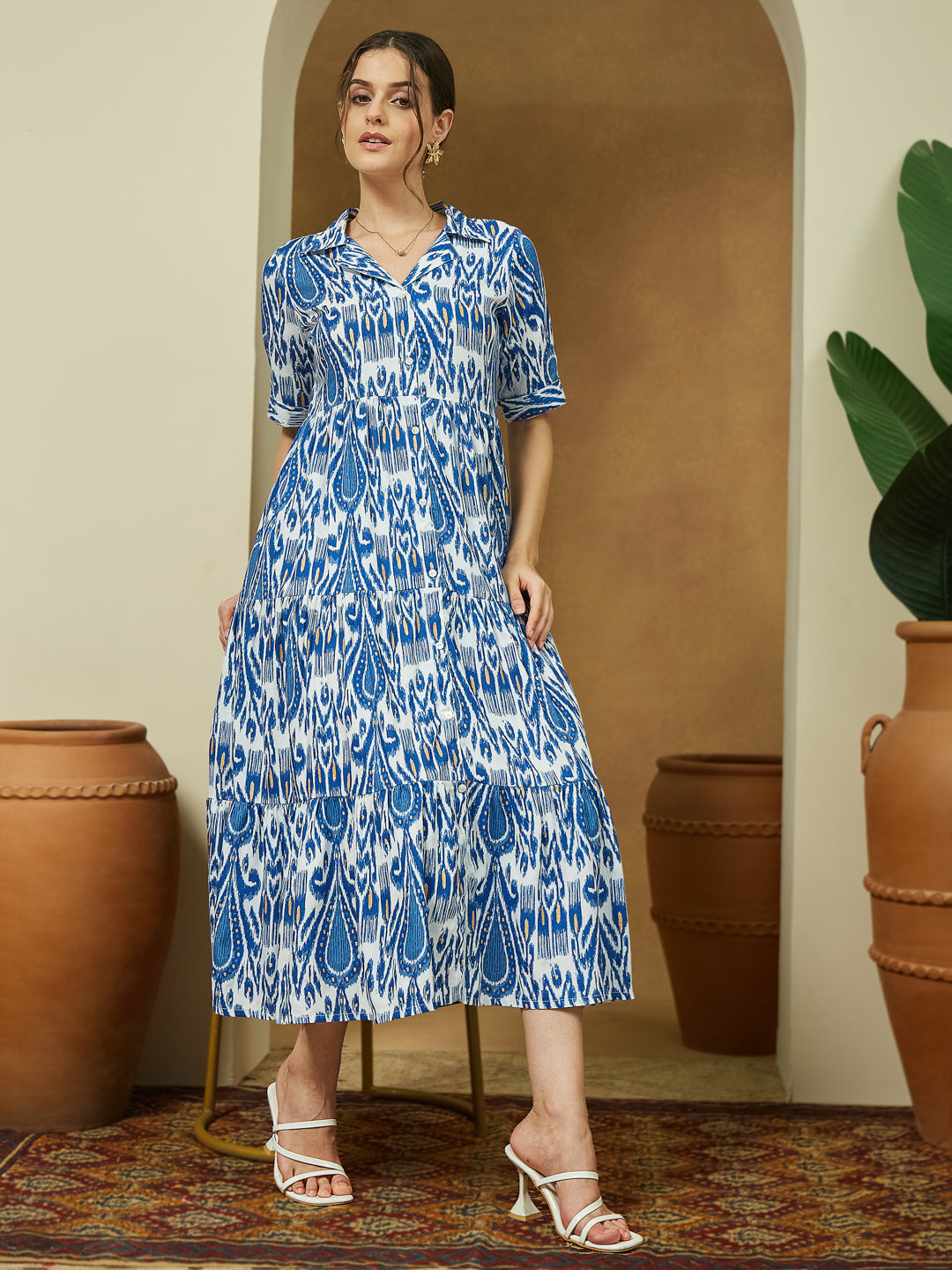 Janasya Women's Indigo Blue Linen Cotton Ikkat Printed Tiered Dress