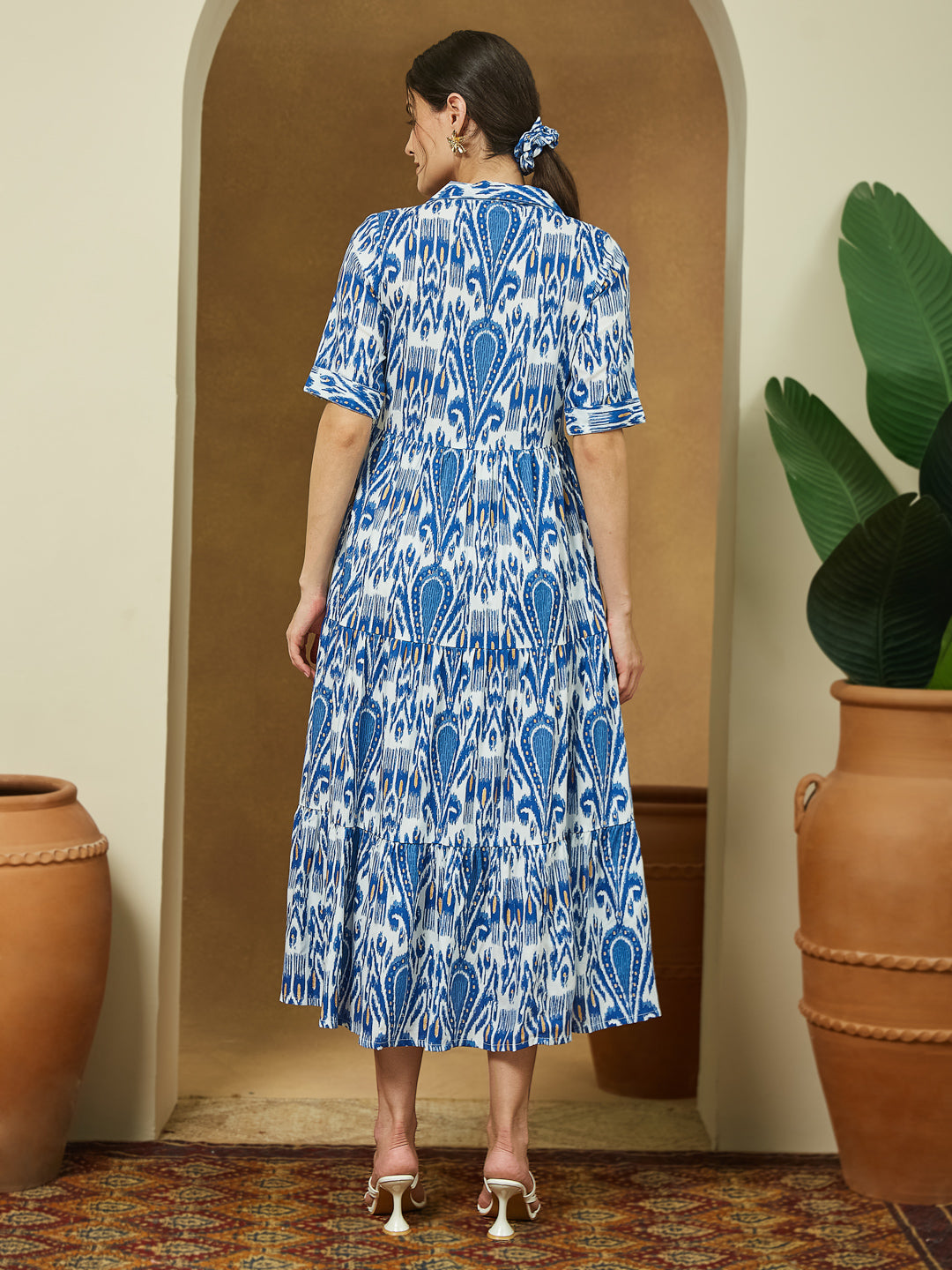 Janasya Women's Indigo Blue Linen Cotton Ikkat Printed Tiered Dress