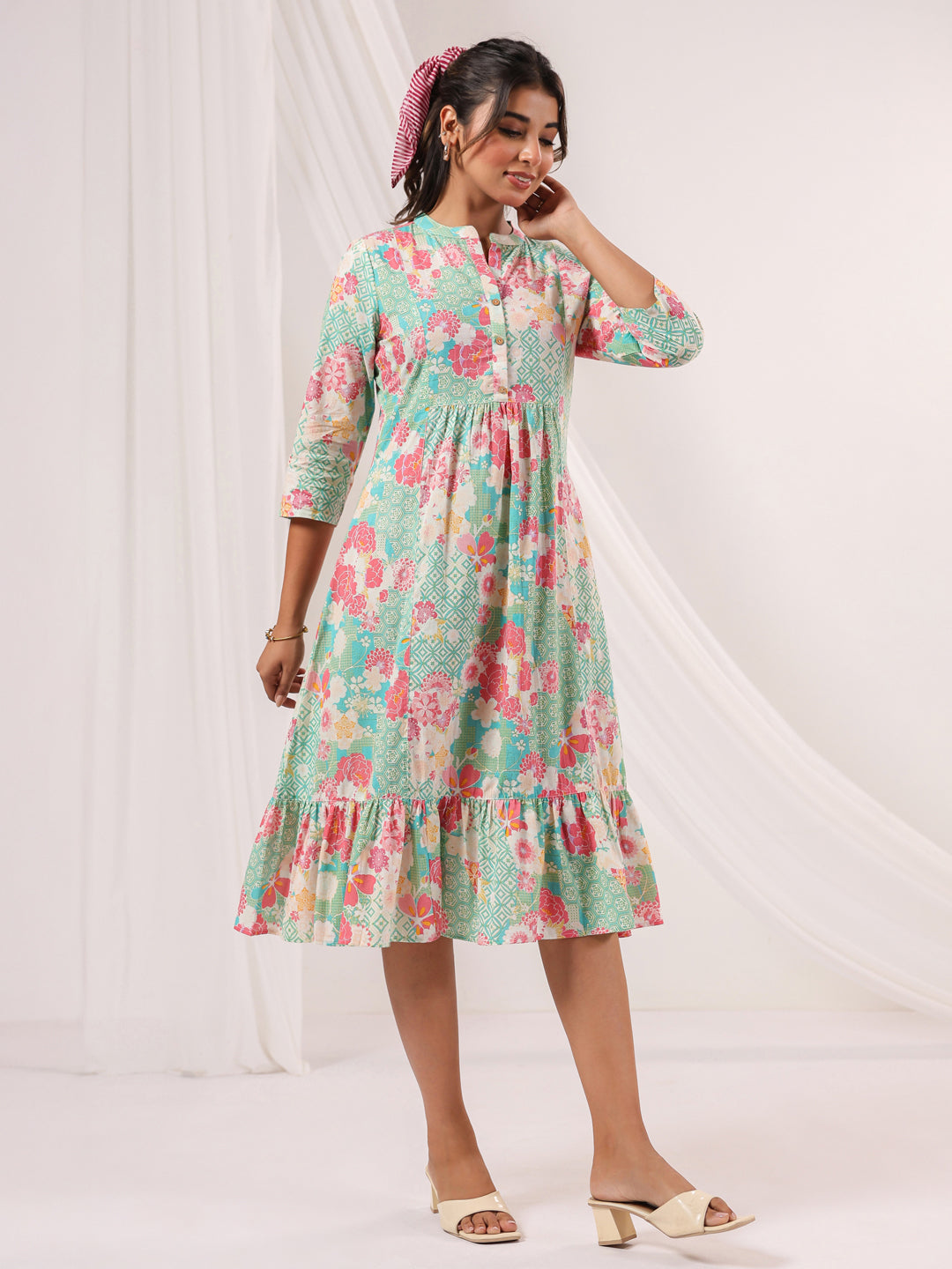 Janasya Women's Mint Green Pure Cotton Floral Printed A-line Dress