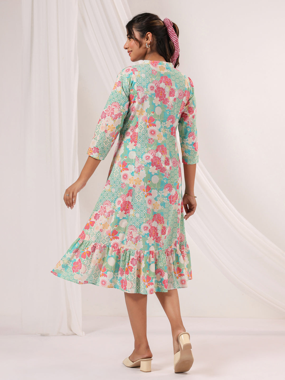 Janasya Women's Mint Green Pure Cotton Floral Printed A-line Dress