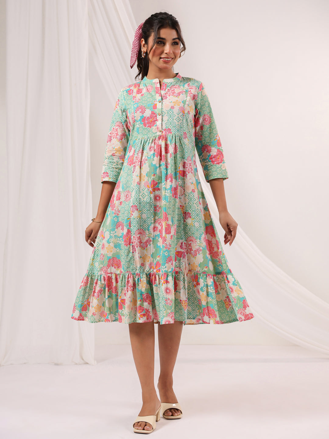 Janasya Women's Mint Green Pure Cotton Floral Printed A-line Dress
