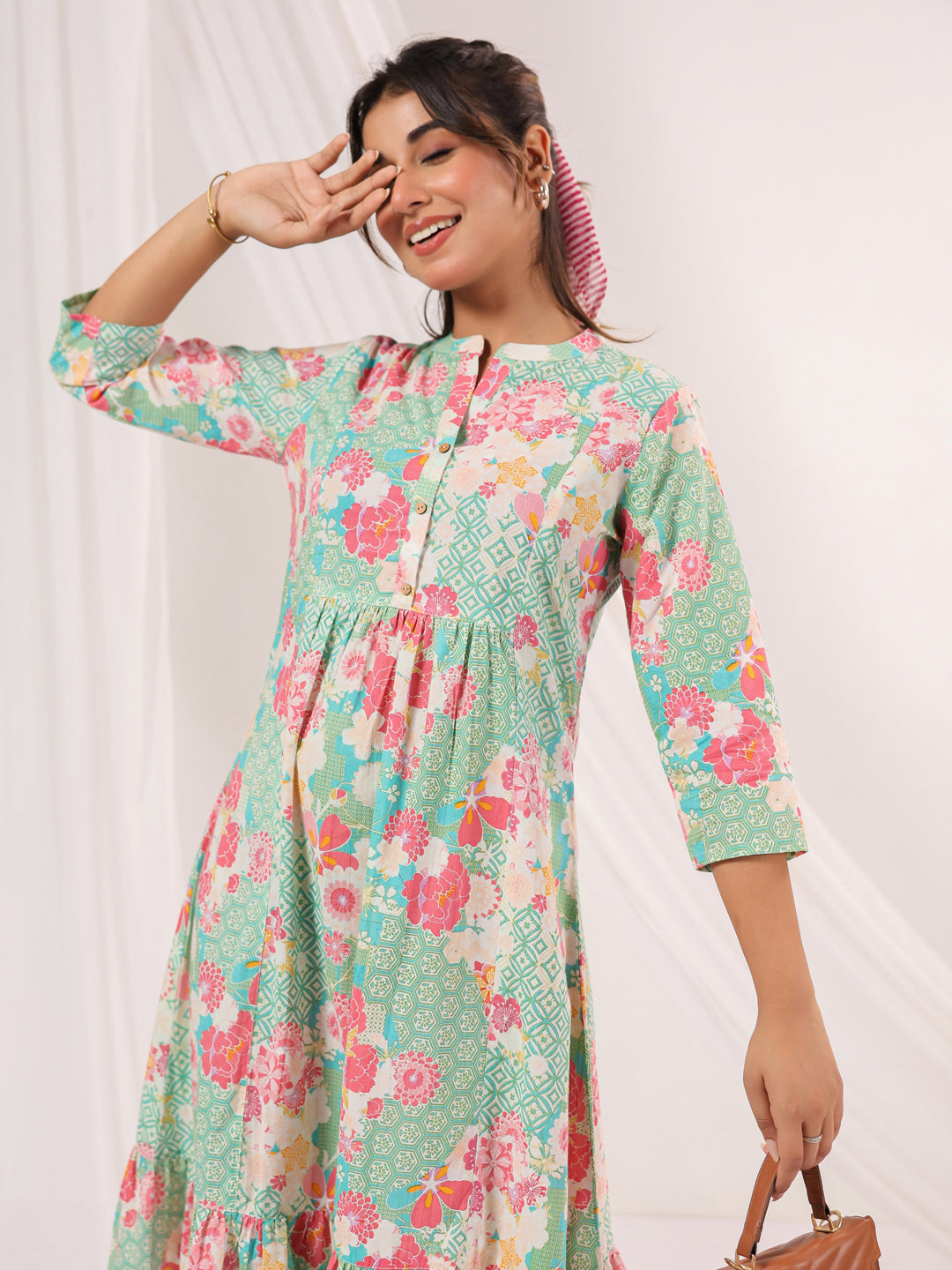 Janasya Women's Mint Green Pure Cotton Floral Printed A-line Dress