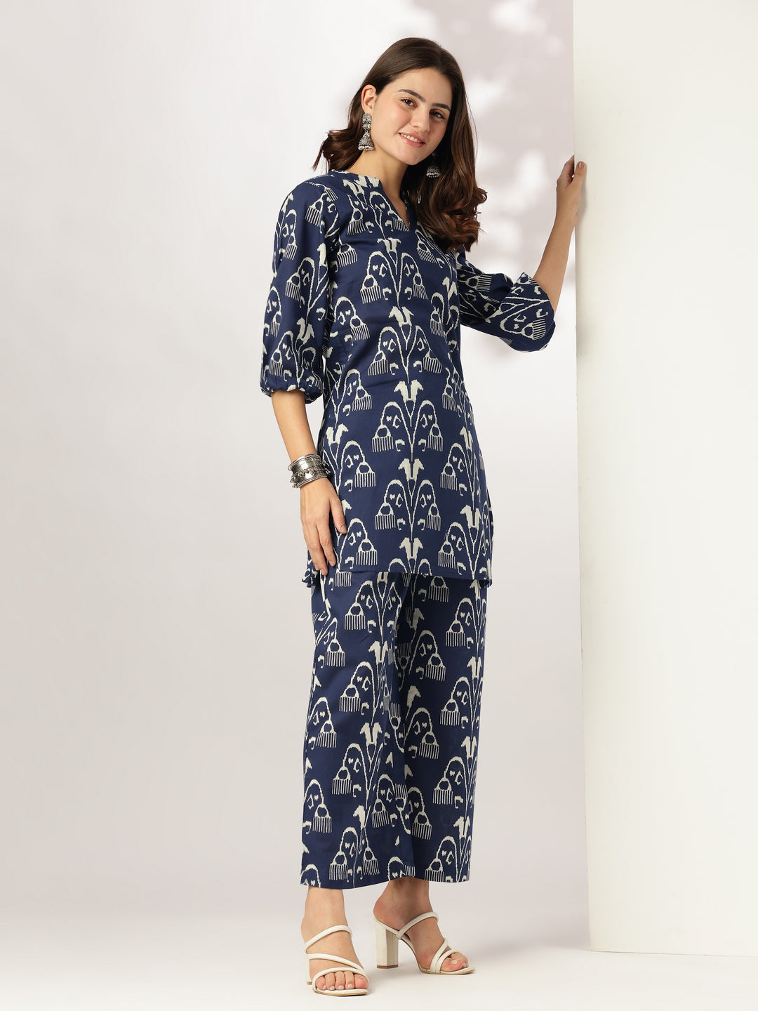 Navy Blue Pure Cotton Ikkat Printed Straight Co-ord Set