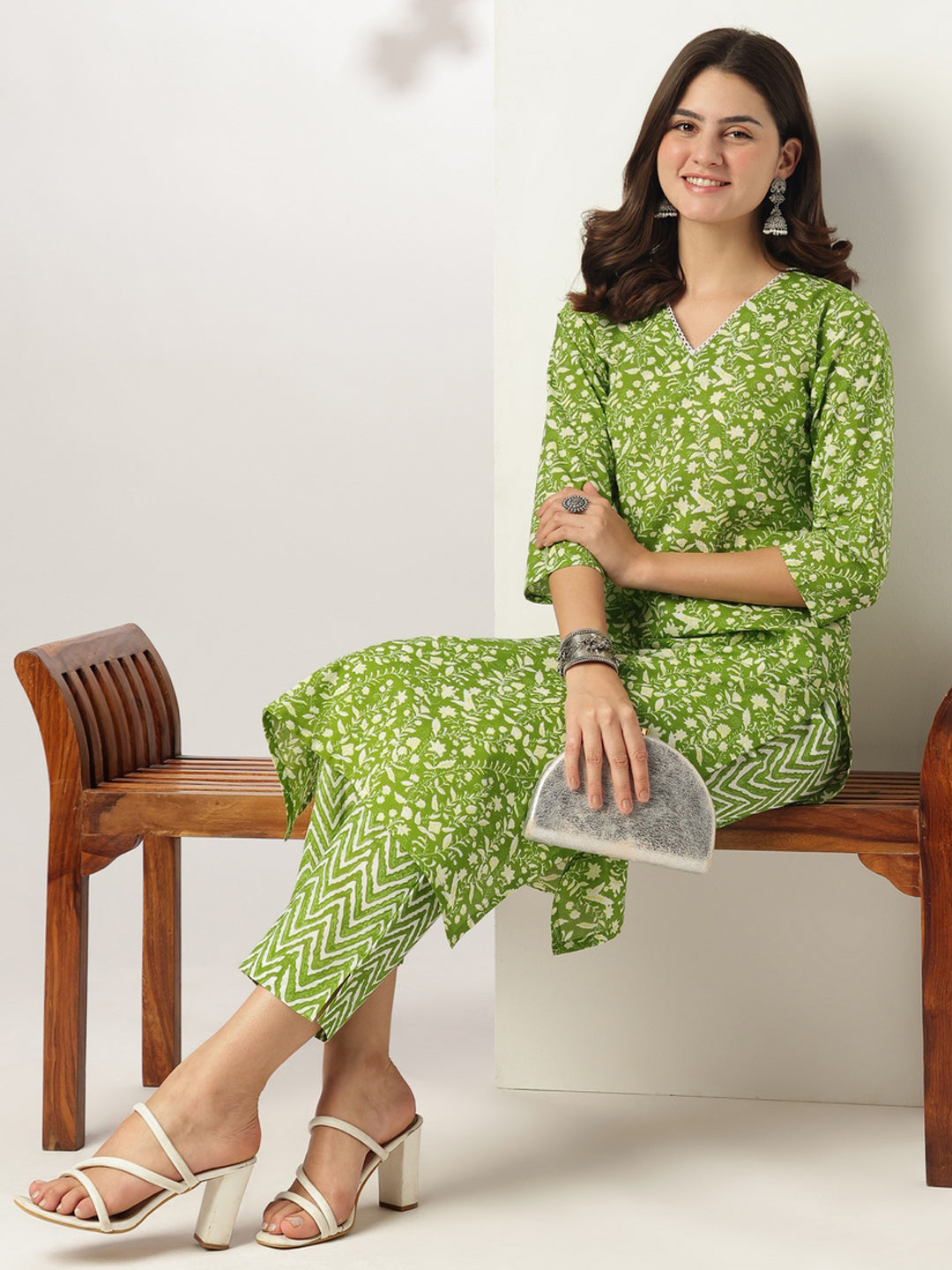Lime Green Pure Cotton Floral Printed Straight Kurta Set