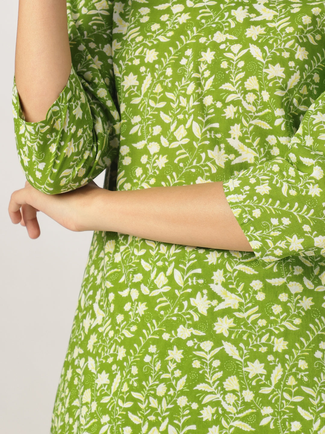 Lime Green Pure Cotton Floral Printed Straight Kurta Set