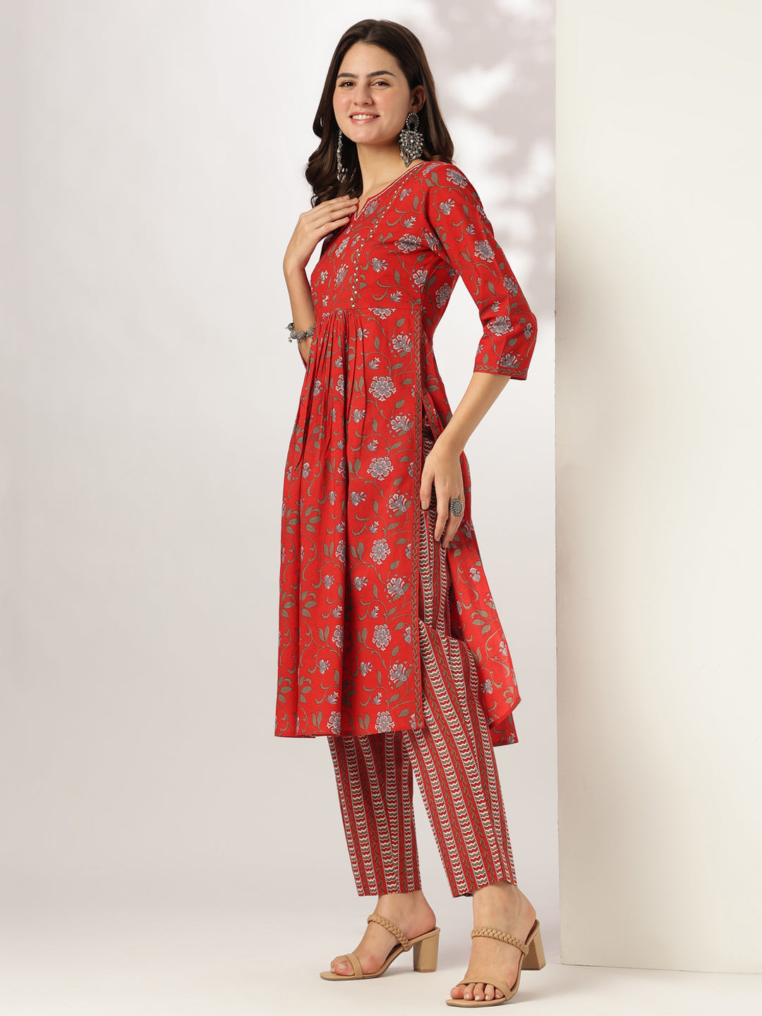 Red Cotton Floral Printed A-line Kurta Pant Set