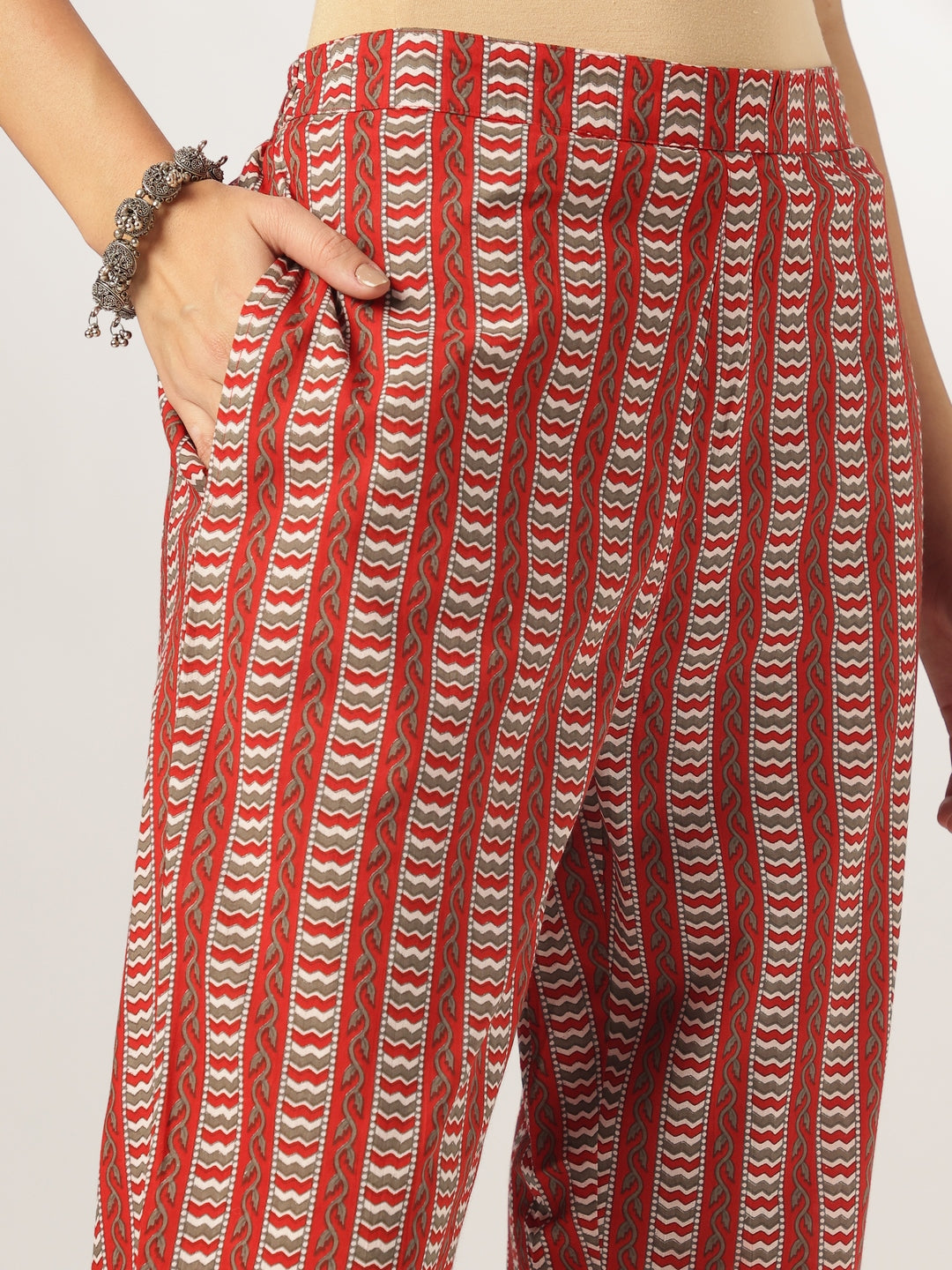 Red Cotton Floral Printed A-line Kurta Pant Set