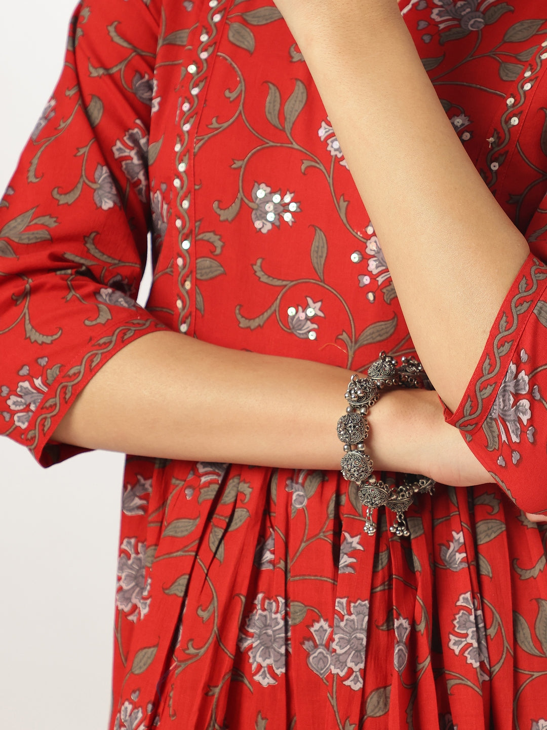 Red Cotton Floral Printed A-line Kurta Pant Set