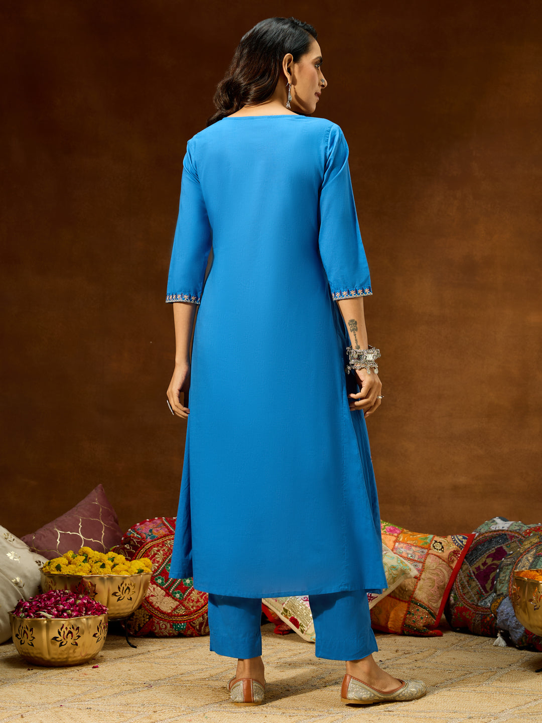 Janasya Women's Blue Pure Cotton Embroidered A-line Kurta With Pant Set